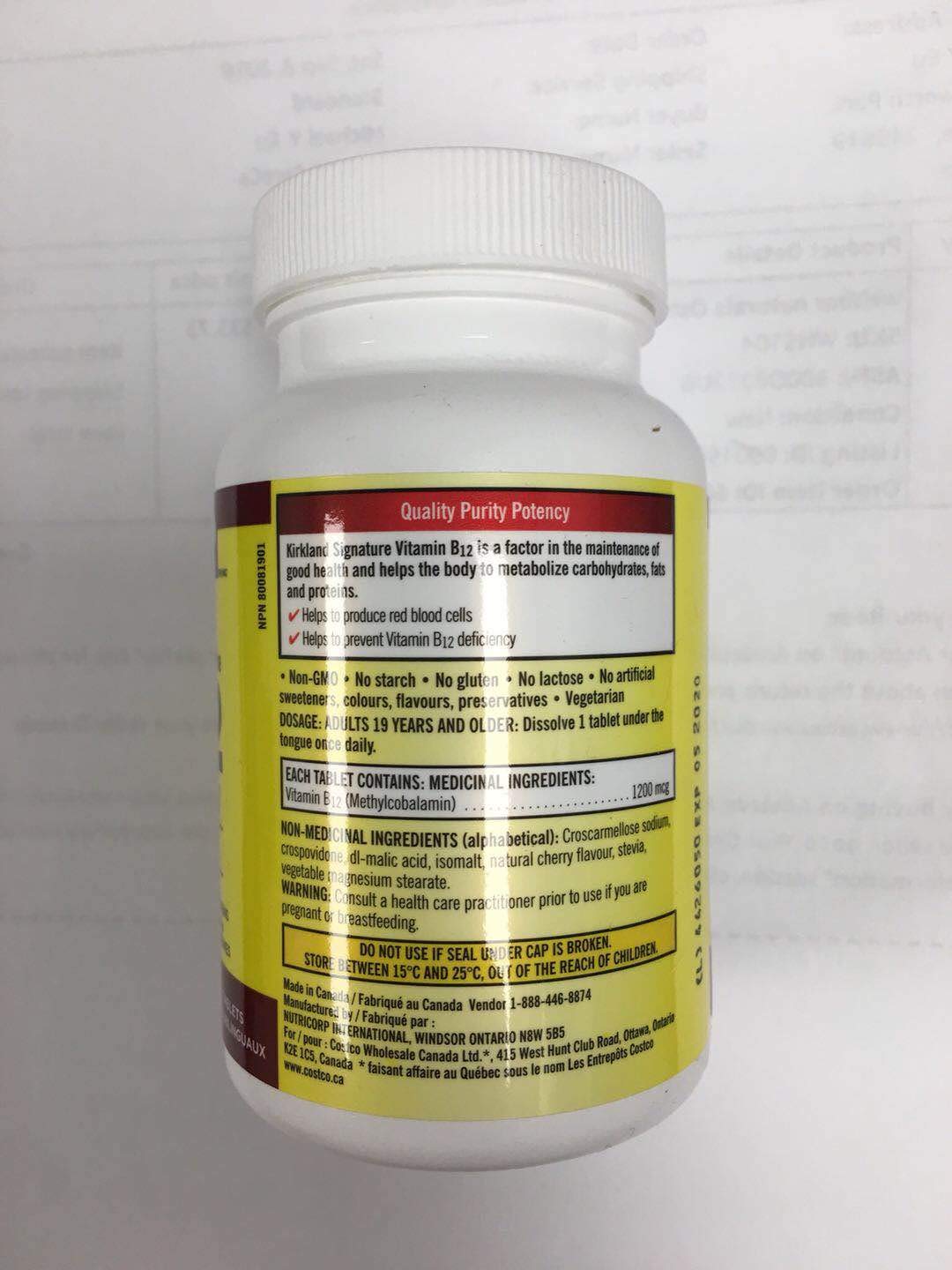 KIRKLAND Vitamin B12 Supplement capsule pack side view