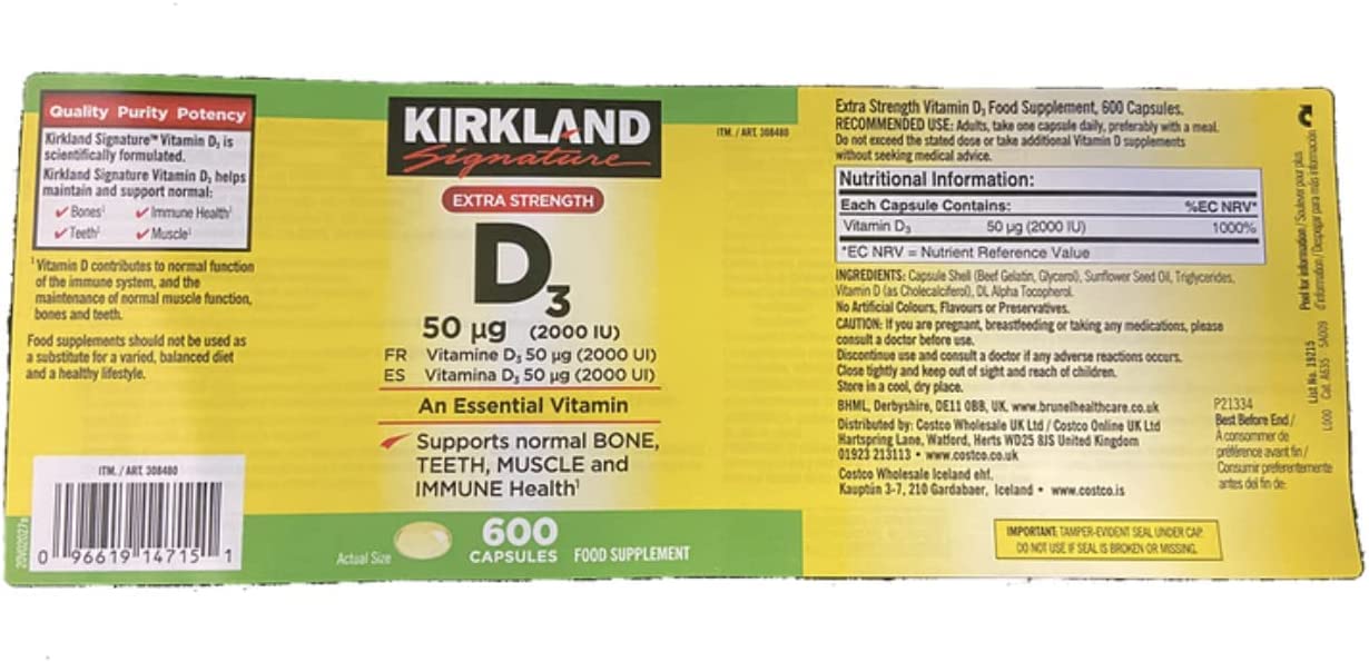 KIRKLAND Vitamin D3 2000 IU capsules on a wooden table