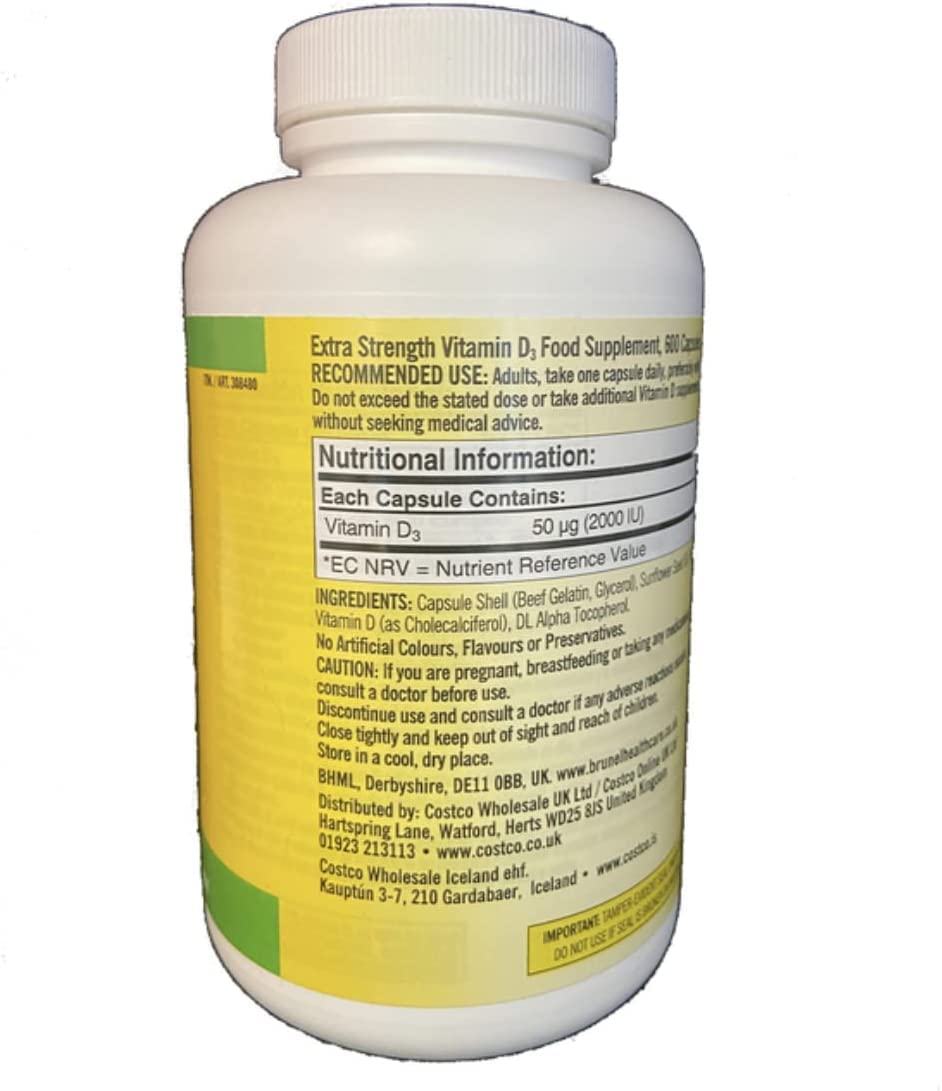 KIRKLAND Vitamin D3 2000 IU capsules side view