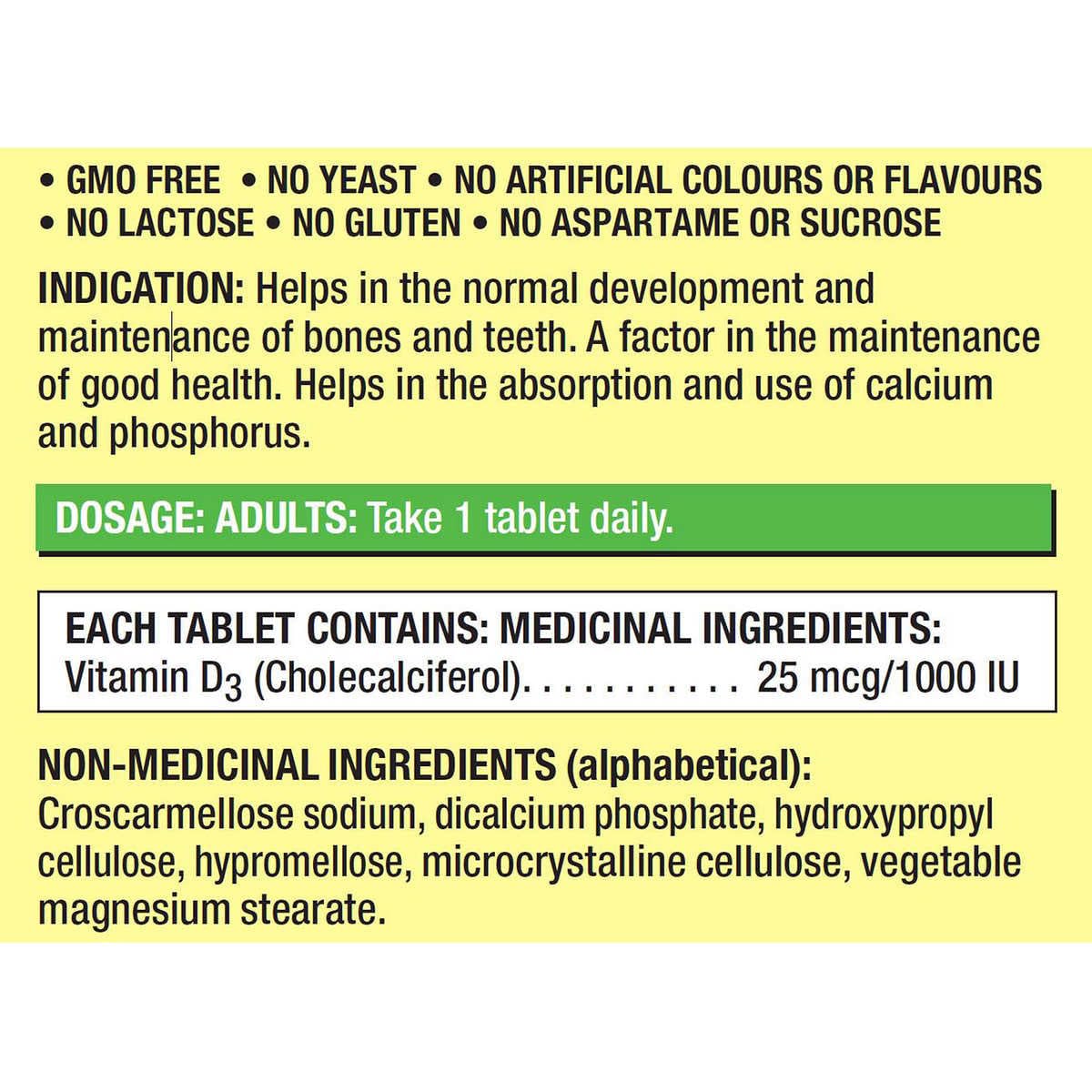 KIRKLAND Vitamin D3 25 mcg bottle back view