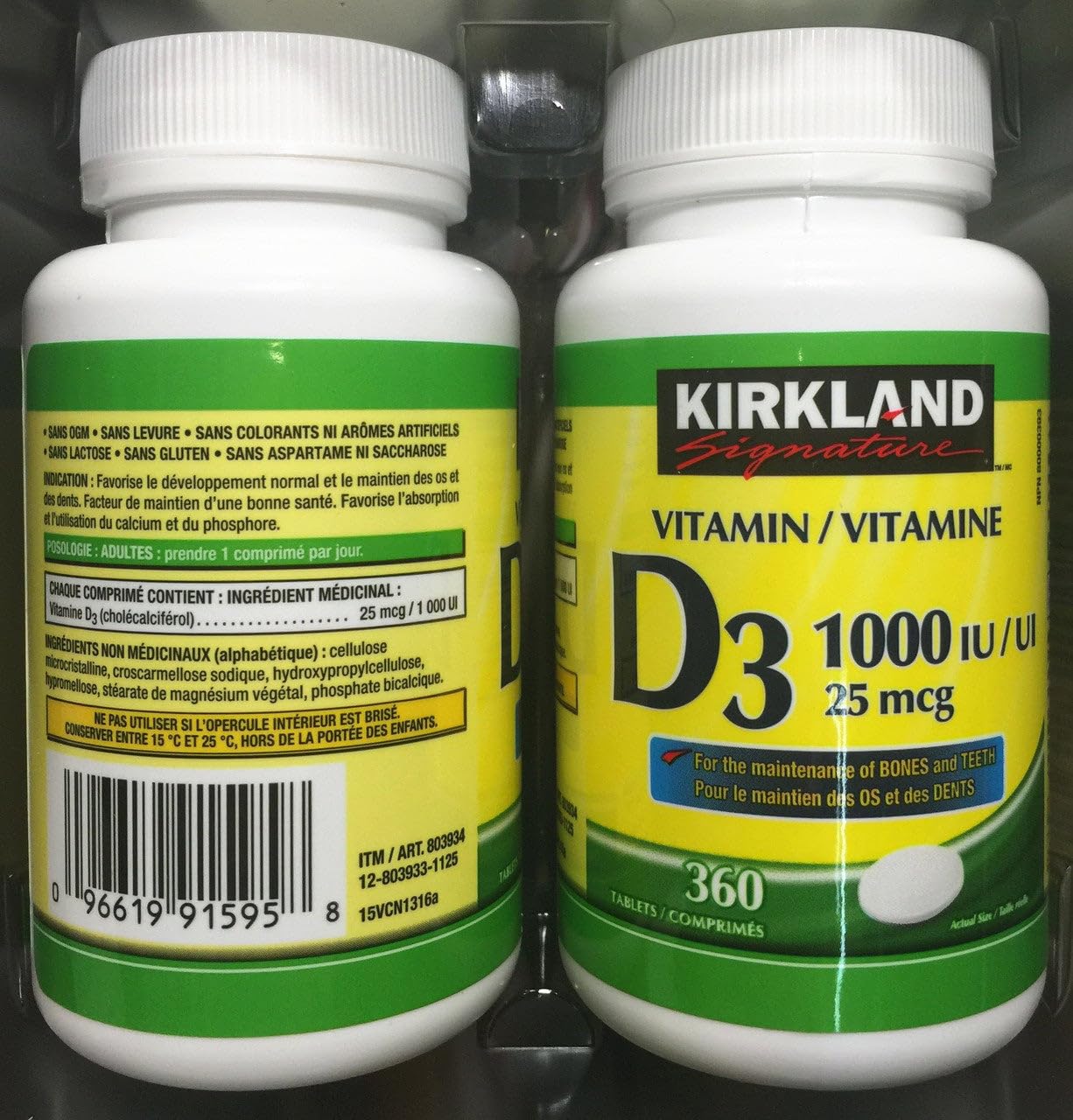 KIRKLAND Vitamin D3 25 mcg tablets on a table