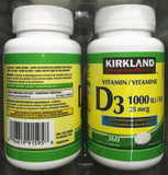 KIRKLAND Vitamin D3 25 mcg tablets on a table