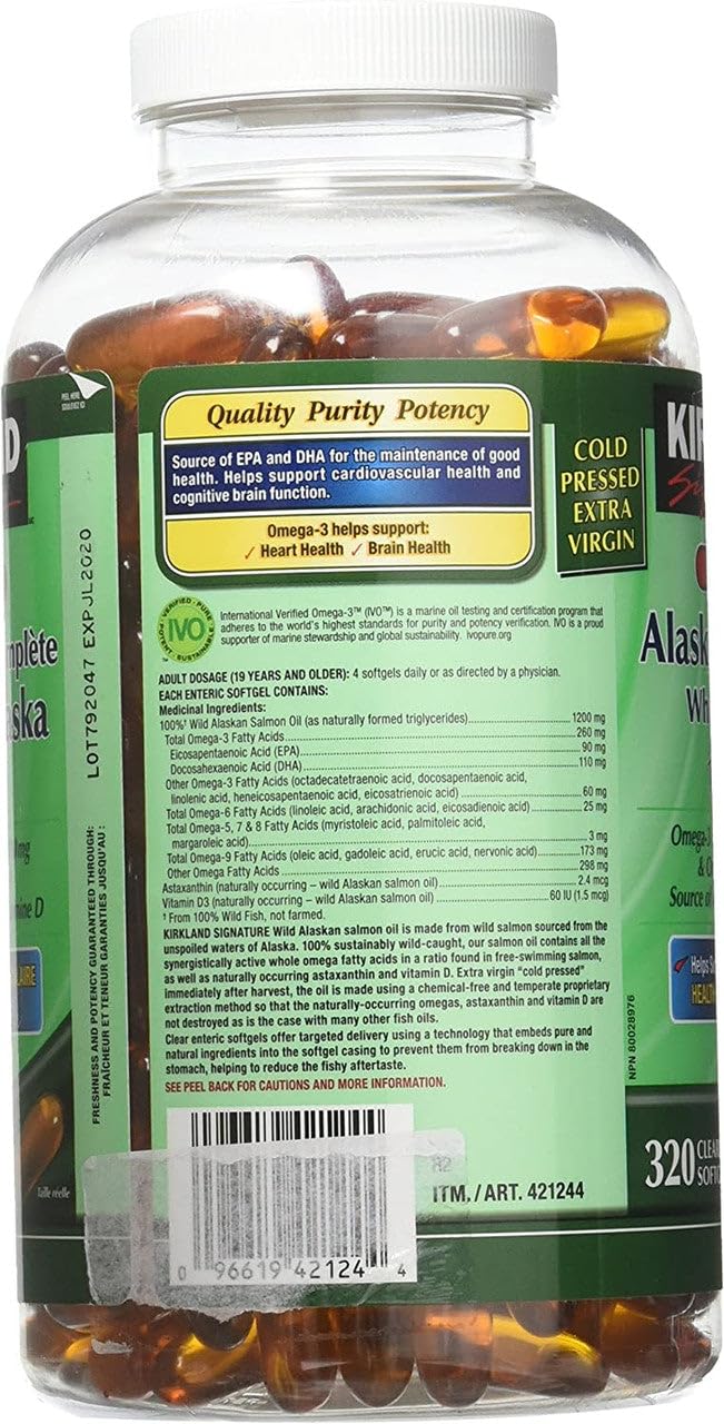 KIRKLAND Wild Alaskan Salmon Oil softgels on a table