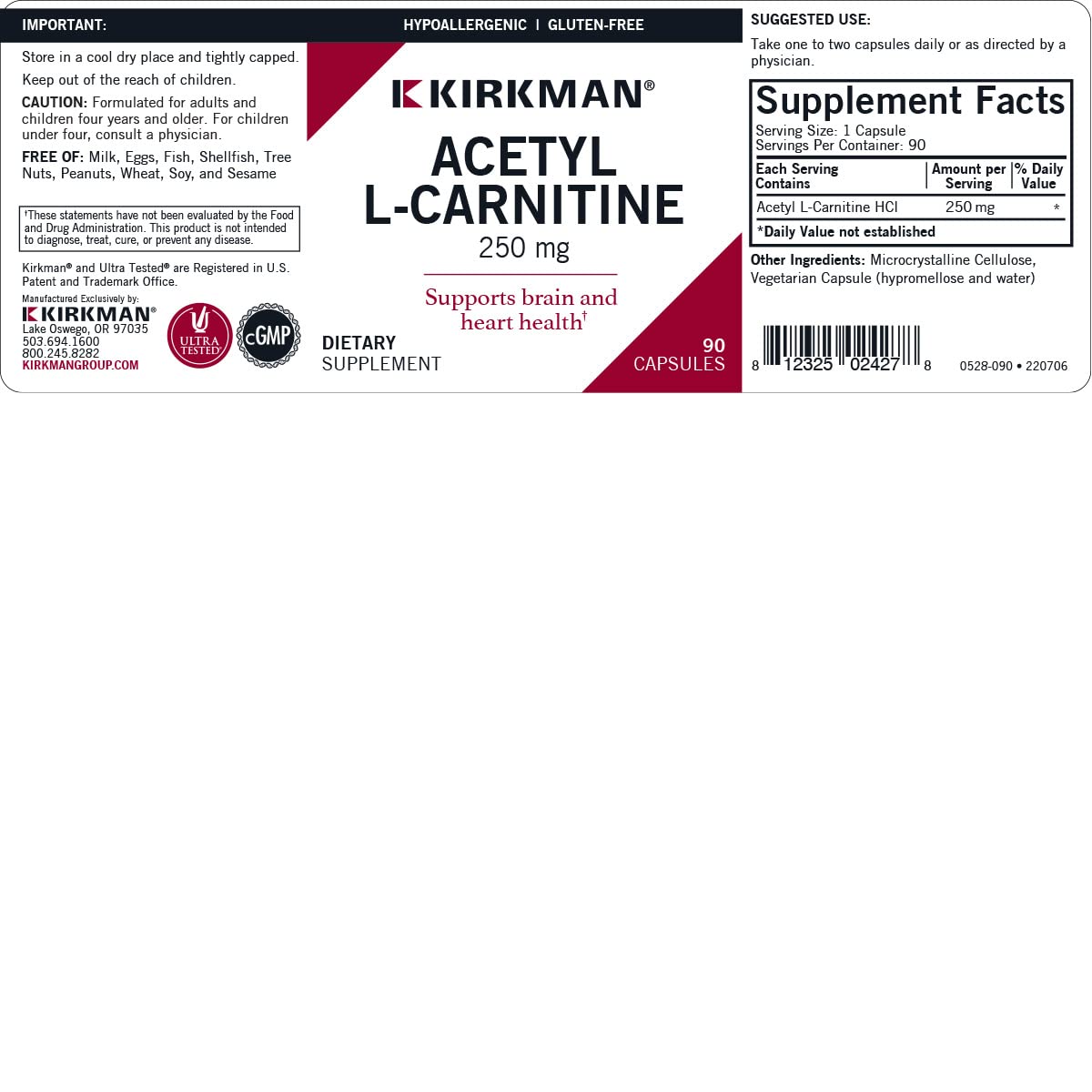 Kirkman Acetyl L-Carnitine Capsules 250mg back view with ingredient list