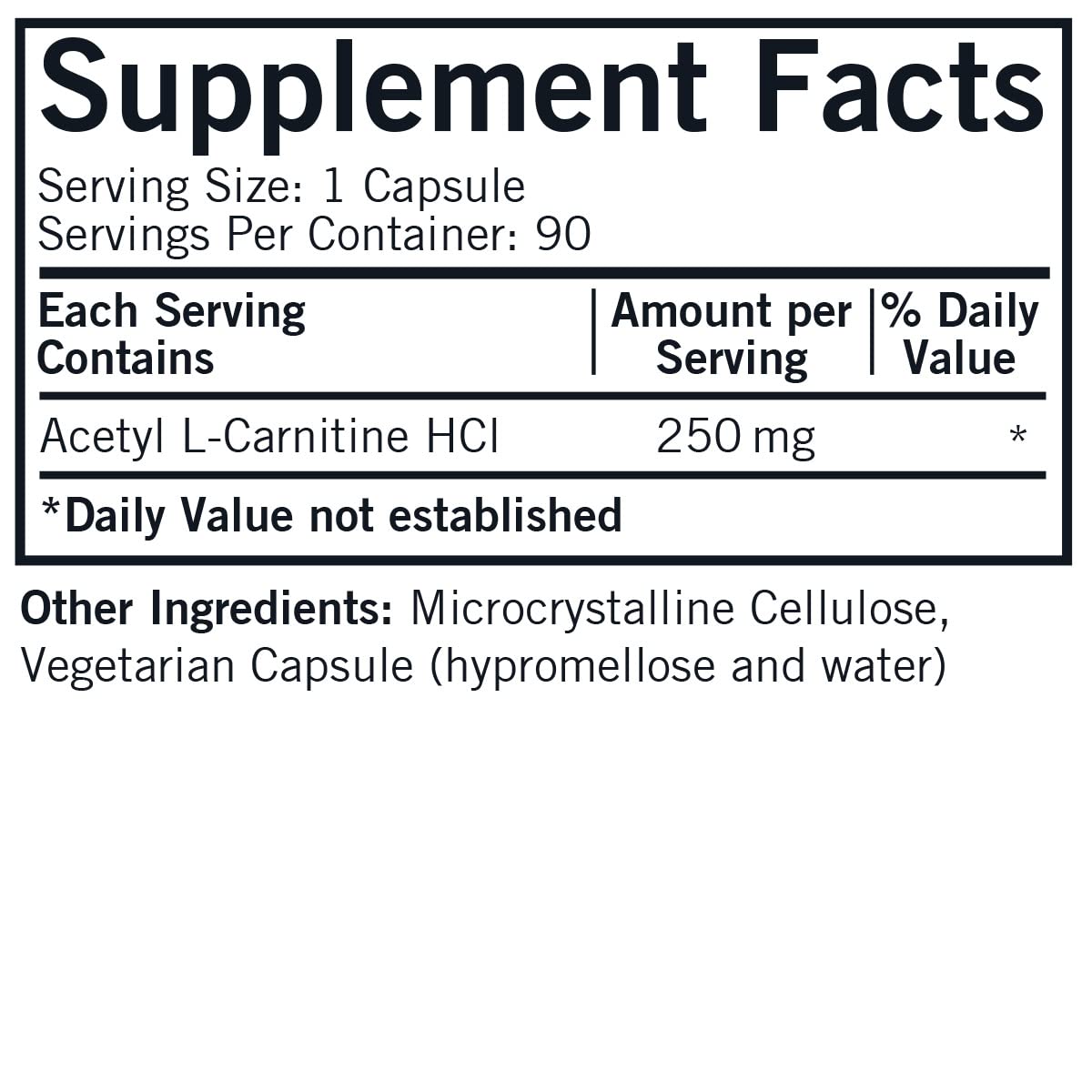 Kirkman Acetyl L-Carnitine Capsules 250mg side view with dosage details