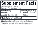 Kirkman Acetyl L-Carnitine Capsules 250mg side view with dosage details