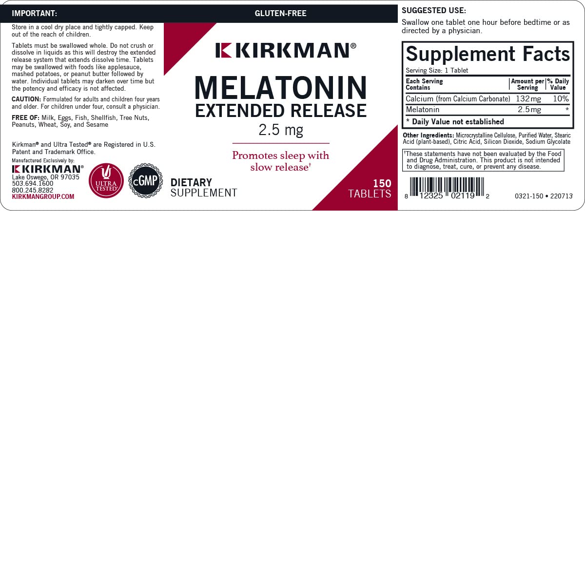 Kirkman Extended Release Melatonin 2.5 mg 150 Tablets packaging