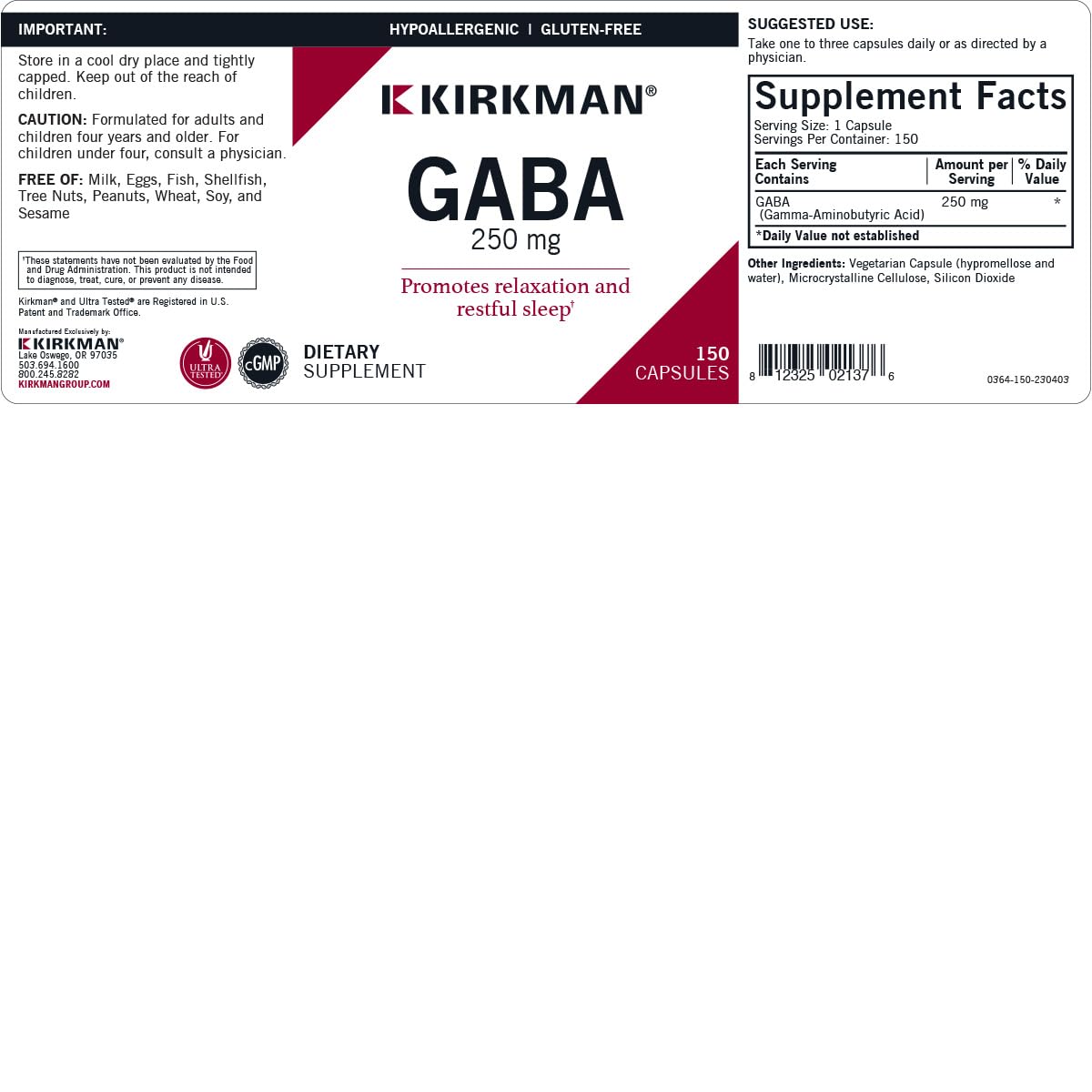 Kirkman GABA 250mg capsules bottle with label