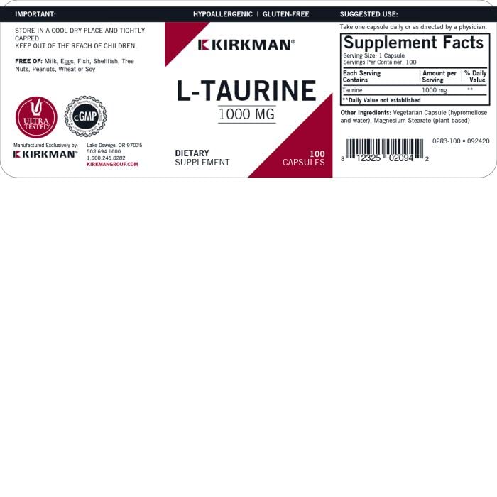 Kirkman L-Taurine 1000 mg packaging with label details