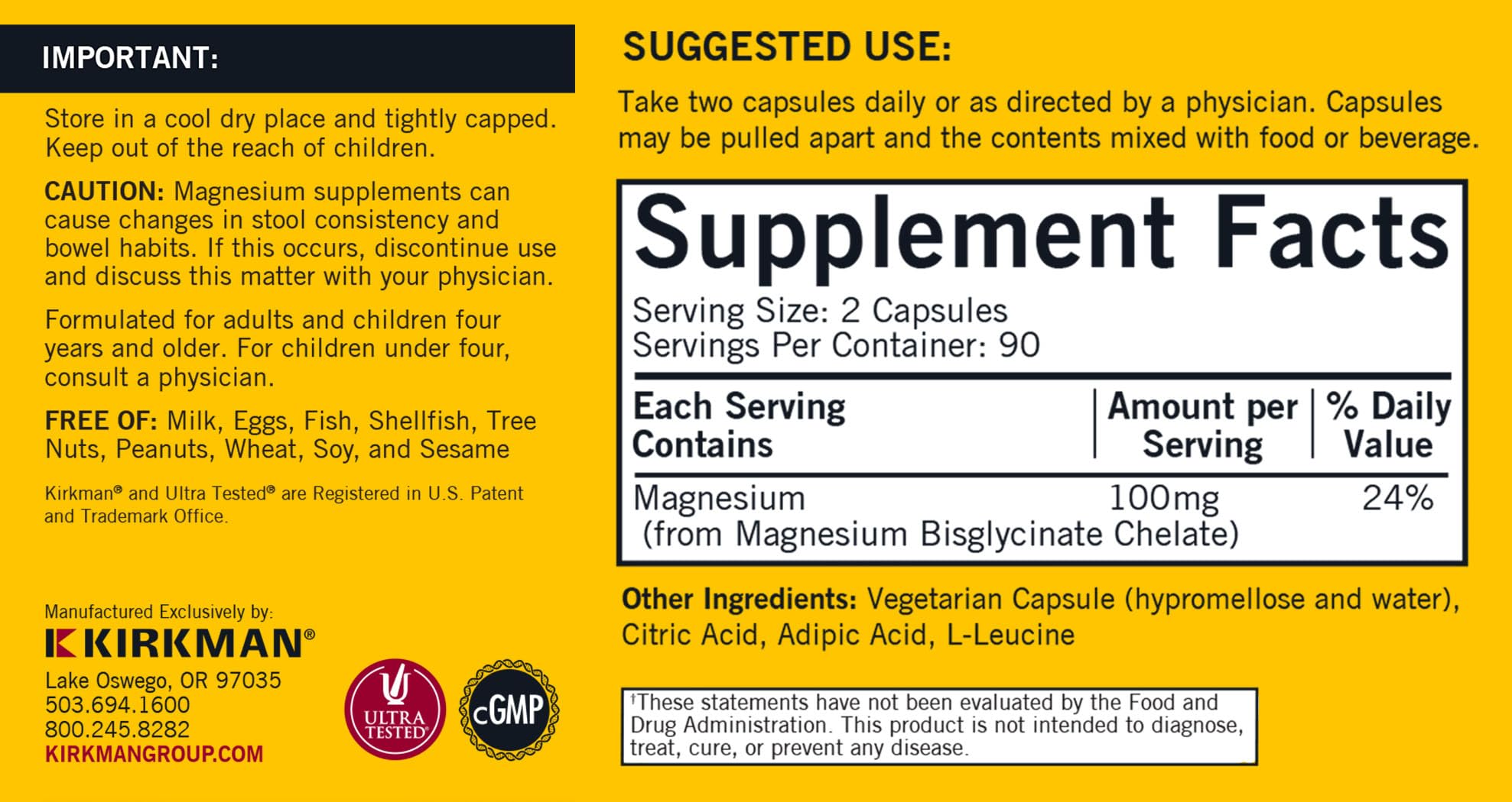 Kirkman Magnesium Glycinate Buffered Chelate 118g capsule bottle side view