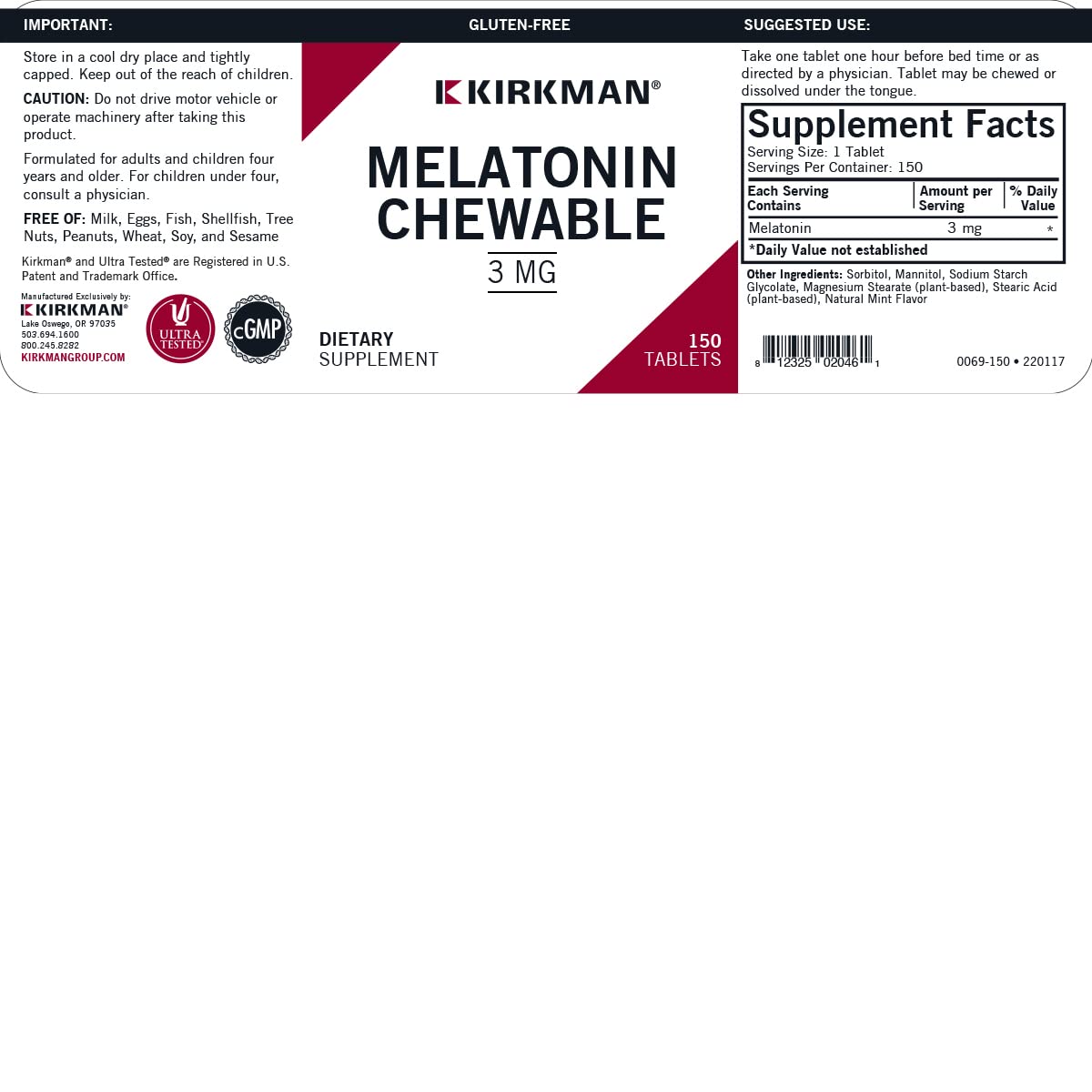 Kirkman Melatonin 3mg chewable tablets on a wooden table