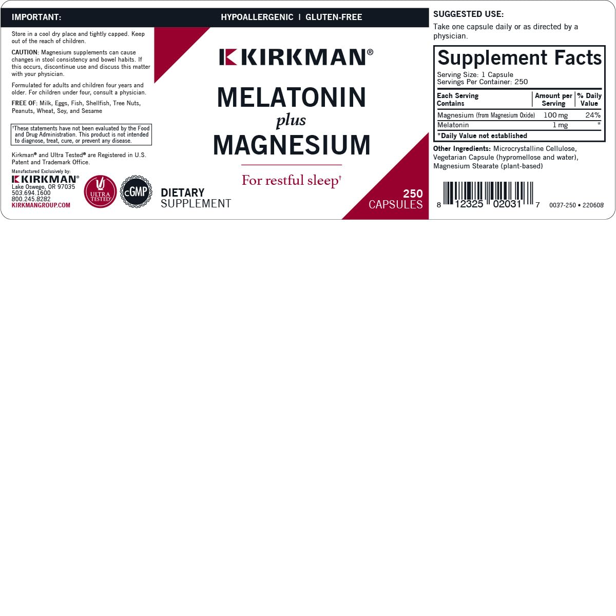 Kirkman Melatonin Plus Magnesium Capsules 250 Count back view