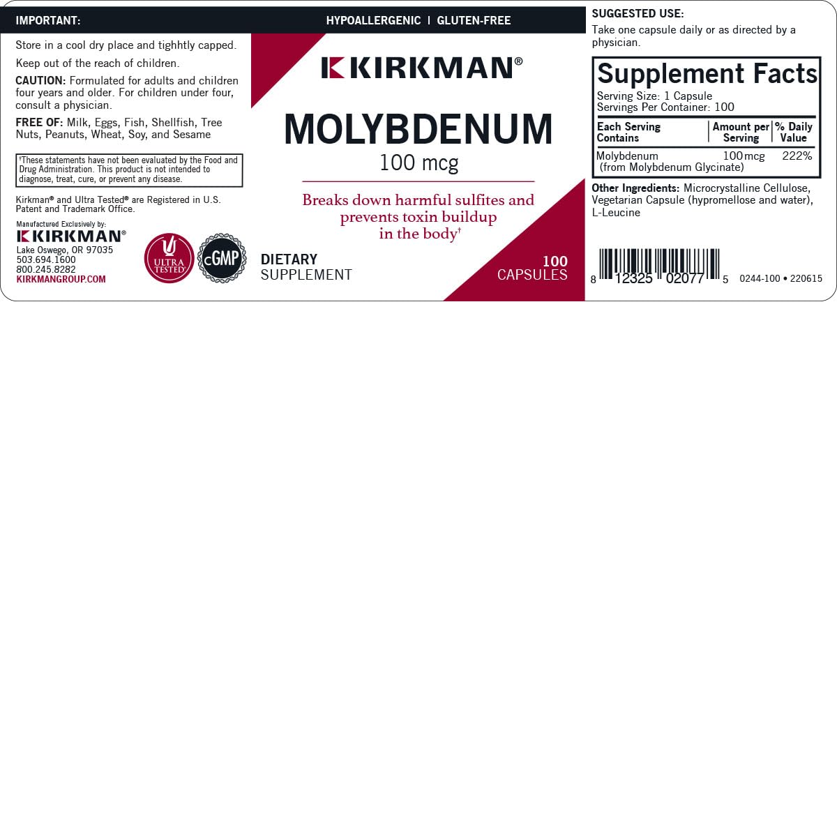 Kirkman Molybdenum Capsules 100 mcg bottle with label