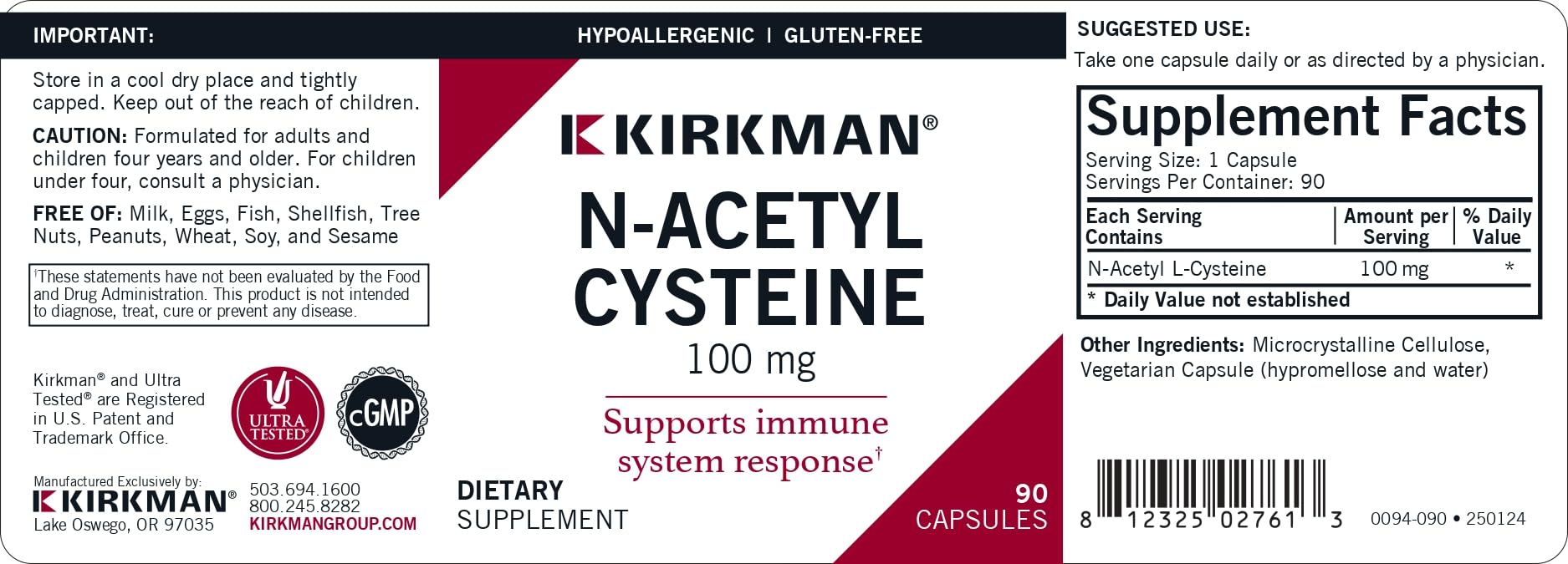 Kirkman NAC Supplement N-Acetyl Cysteine 100mg capsules close-up
