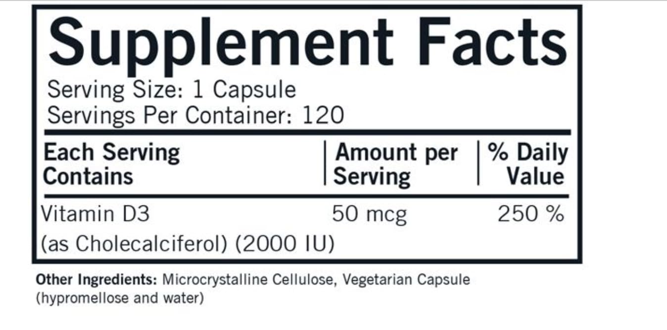 Kirkman Vitamin D3 2000 IU capsules side view