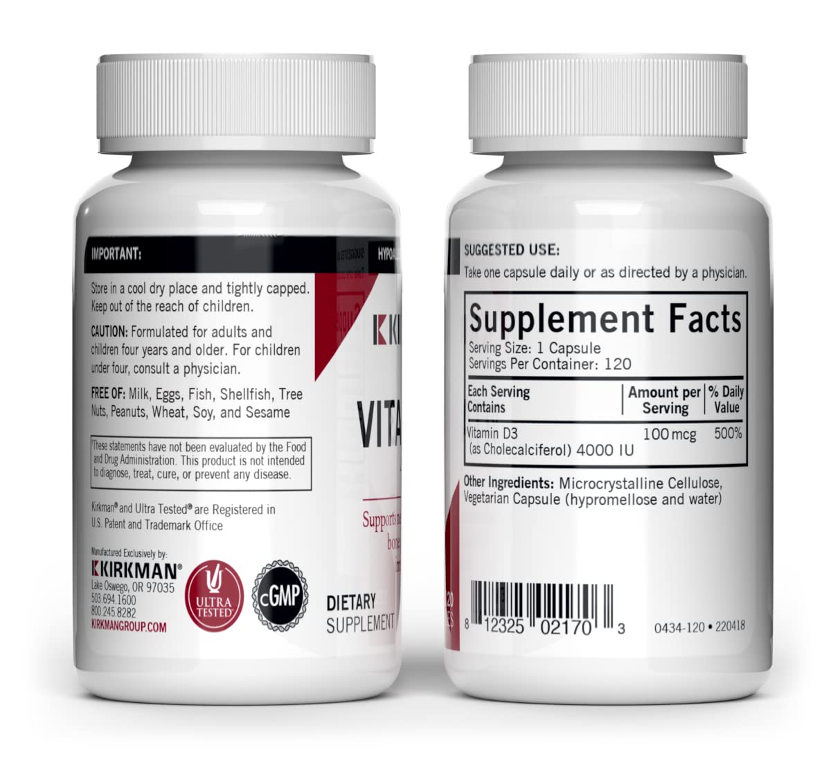 Kirkman Vitamin D3 4000 IU capsules inside the bottle