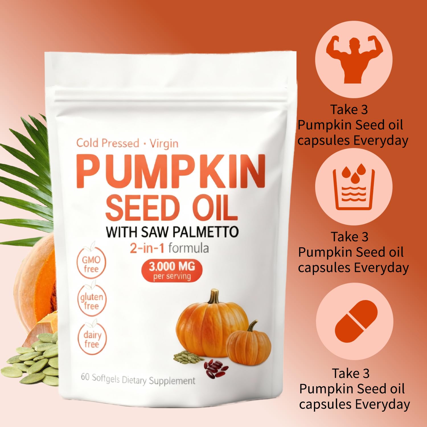 KITABIO Pumpkin Seed Oil & Saw Palmetto softgels being poured out