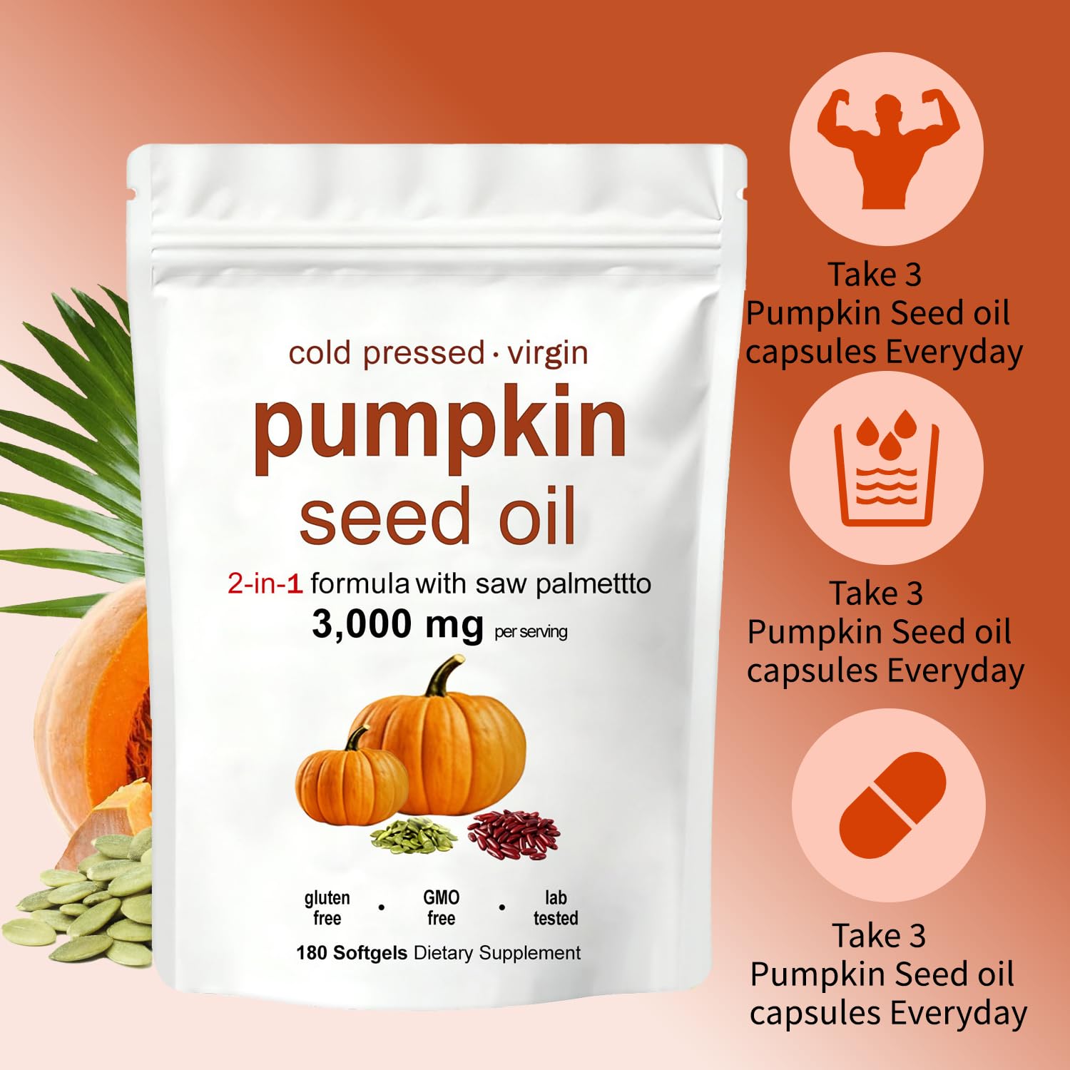 KITABIO Pumpkin Seed Oil & Saw Palmetto Softgels on a wooden table