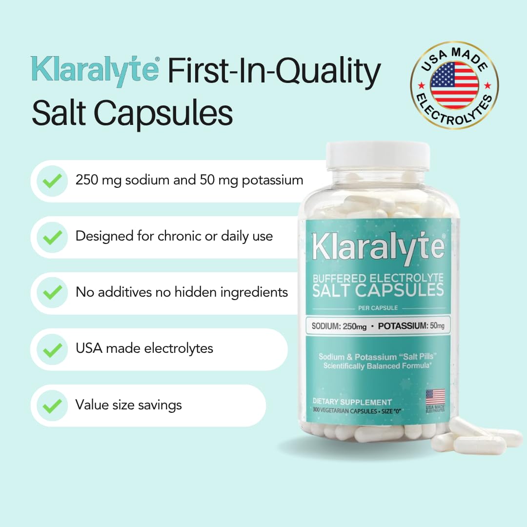 KLARALYTE Electrolyte Capsules showing size and dosage