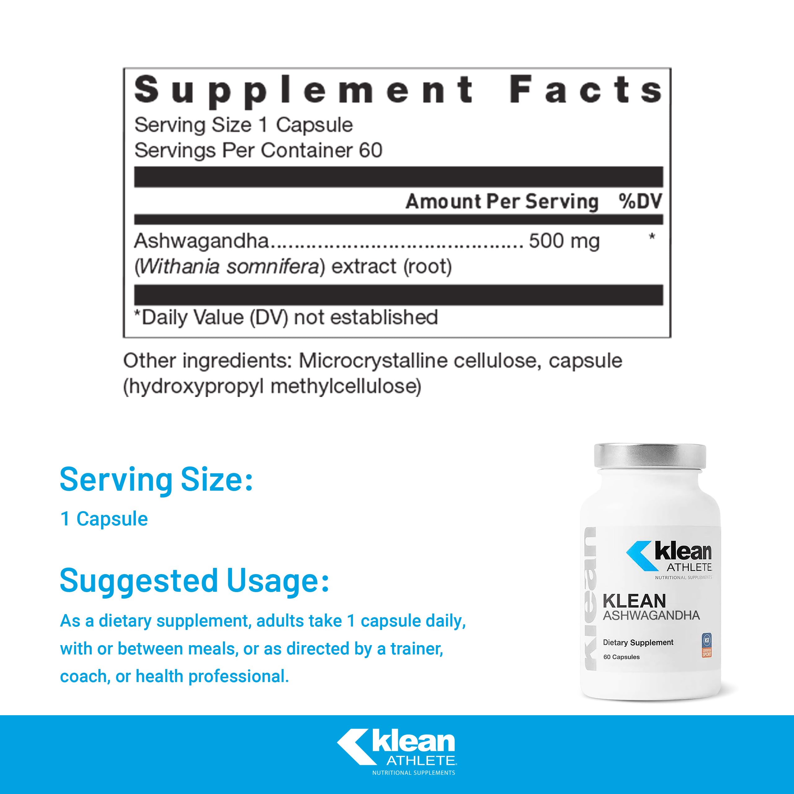 Klean Athlete Ashwagandha Capsules bottle with label