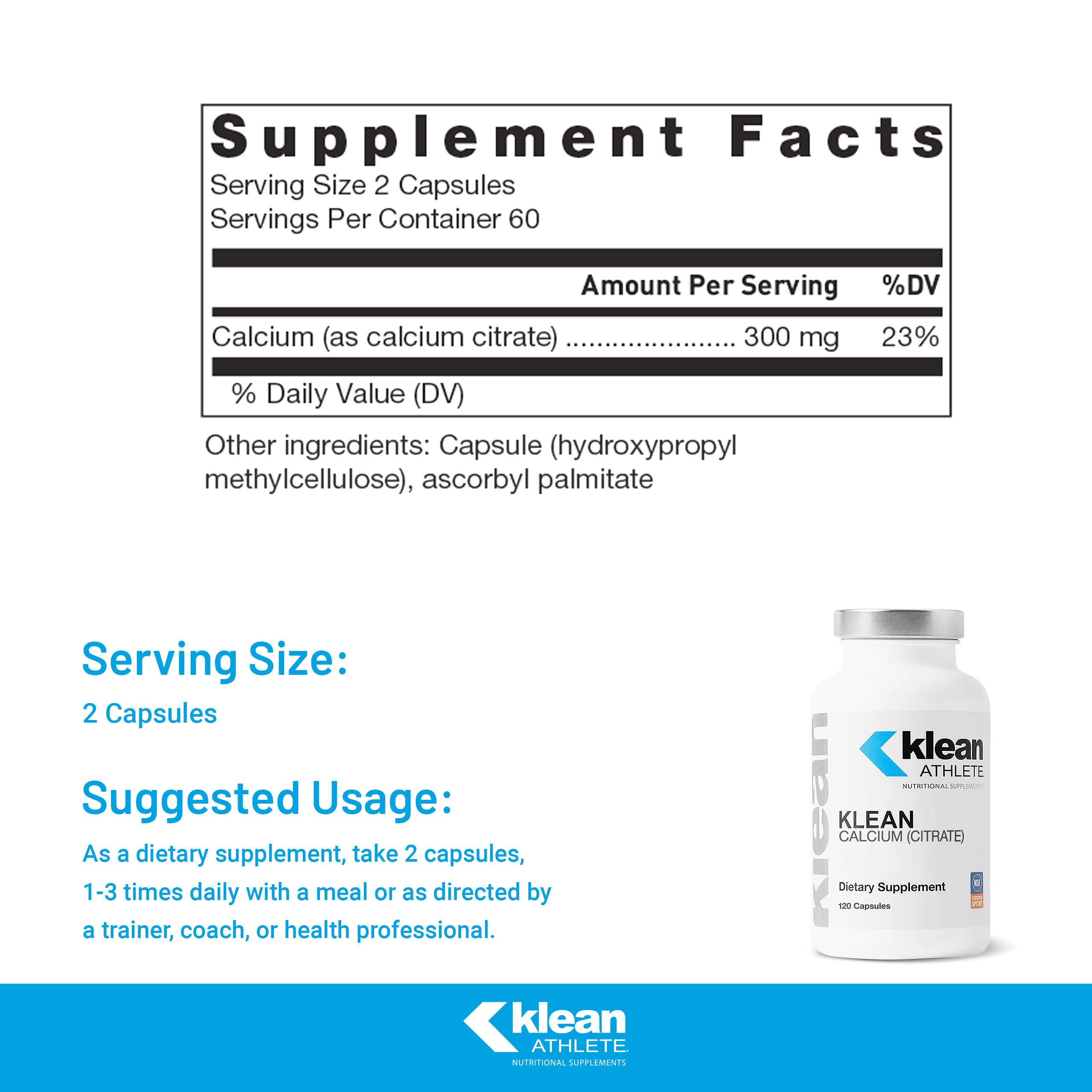 Klean Athlete Calcium Citrate Capsules 300mg side view