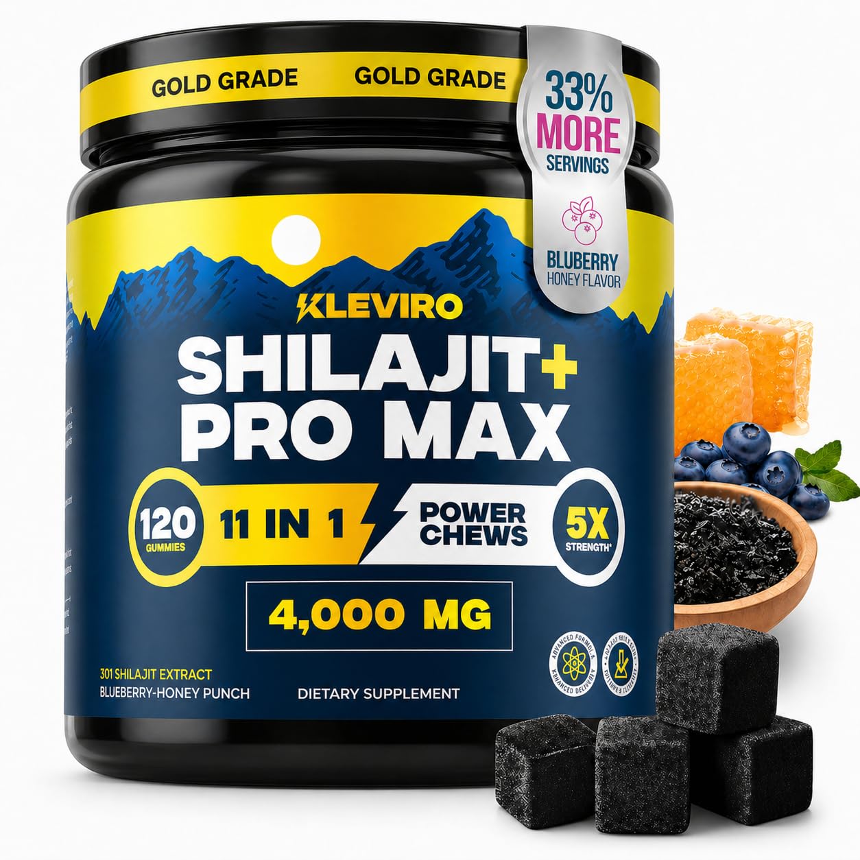 KLEVIRO Pure Himalayan Shilajit Gold Gummies front view with packaging