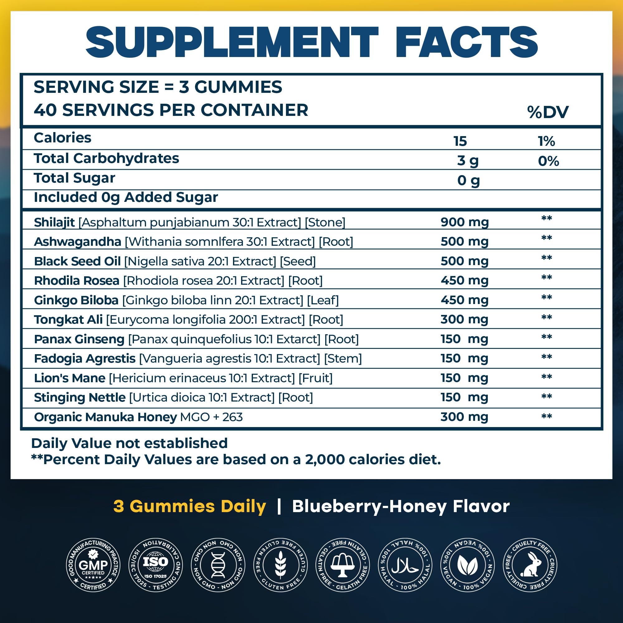 KLEVIRO Pure Himalayan Shilajit Gold Gummies side view with ingredients list