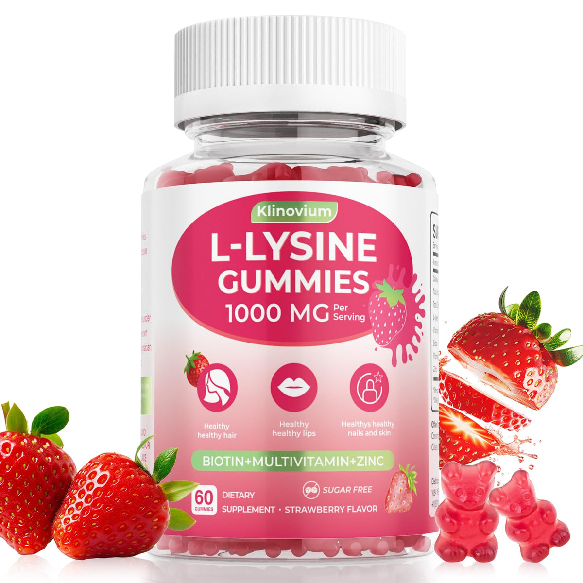 Klinovium L-Lysine Gummies 1000mg strawberry flavour front view