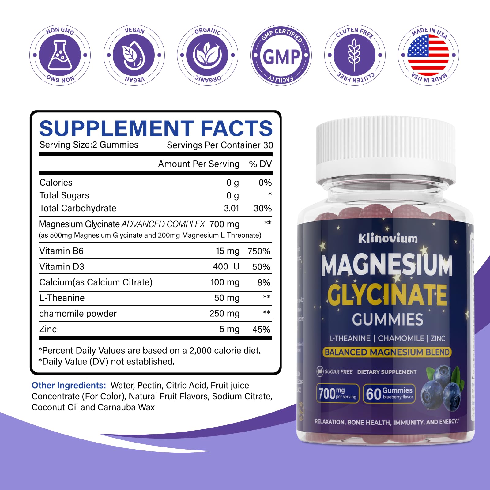 Klinovium Magnesium Glycinate Gummies side view with nutritional information