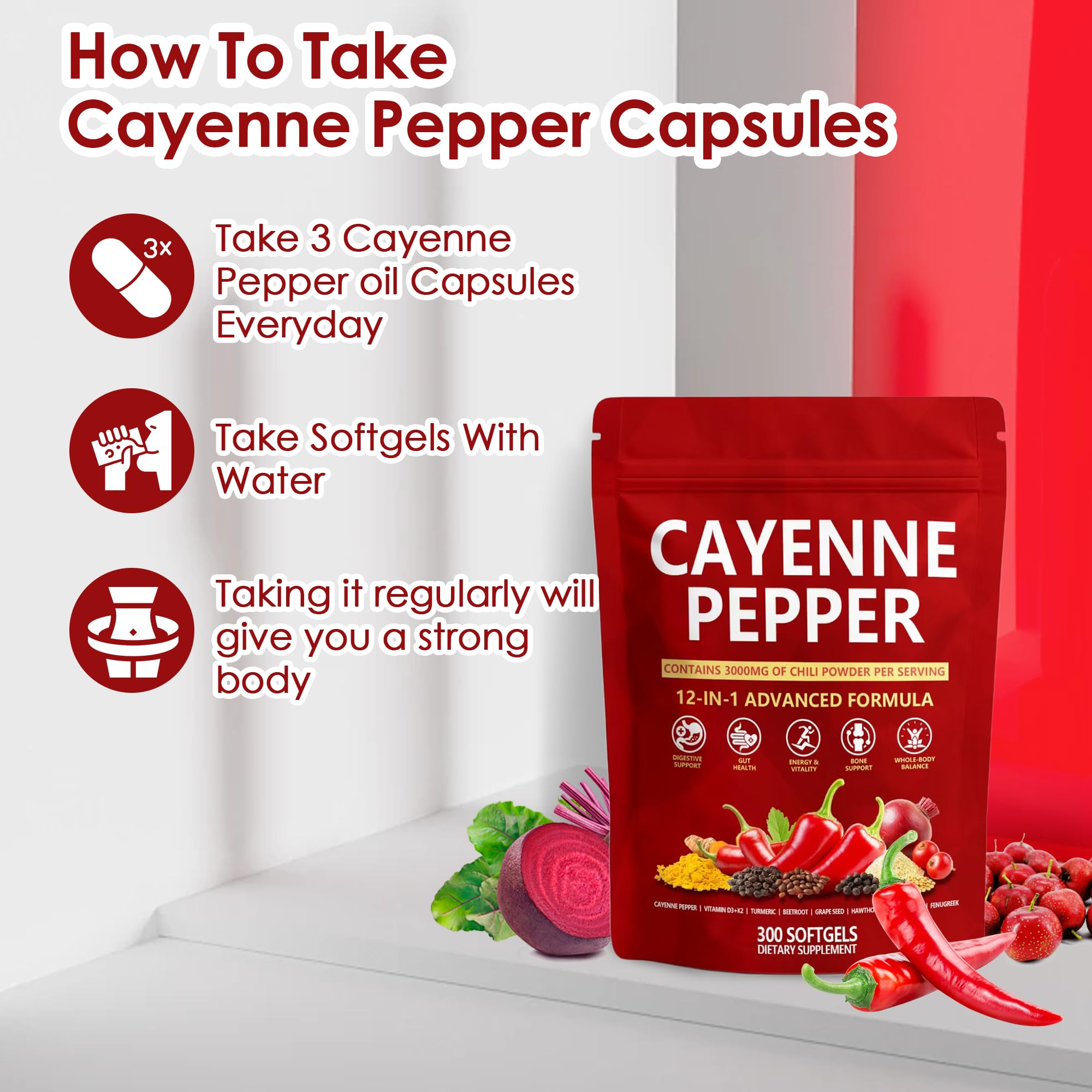 KLUNIZ Cayenne Pepper Softgels in a hand for size comparison