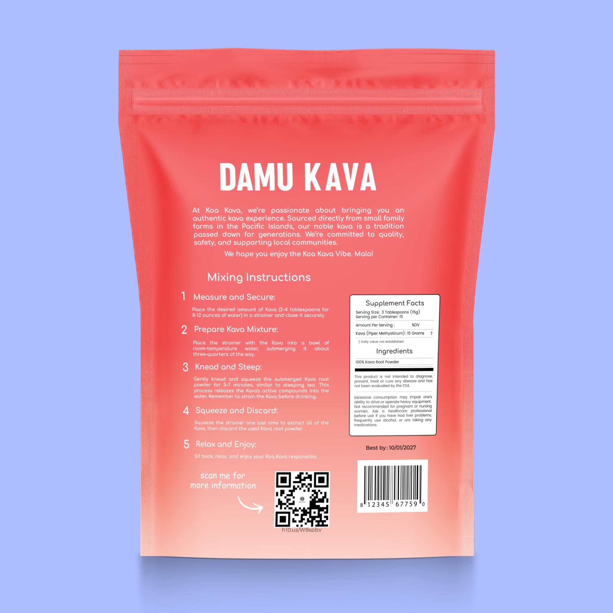 Koa Kava Damu Kava packaging on a wooden table
