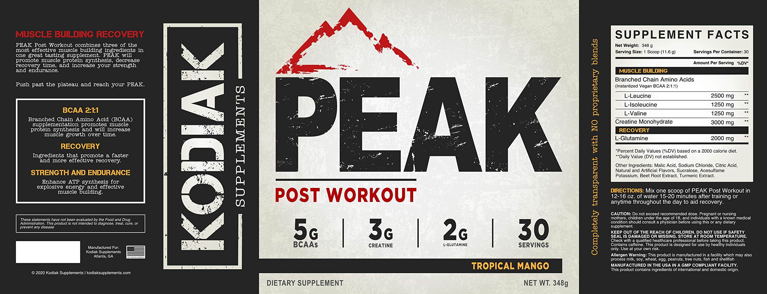 Kodiak Supplements BCAA 348g packaging with serving suggestion