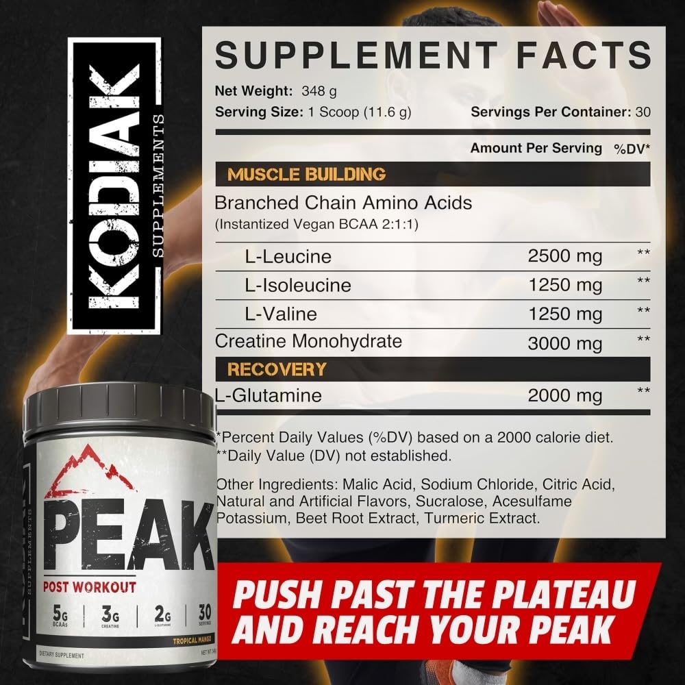 Kodiak Supplements BCAA 348g side view showing nutritional information