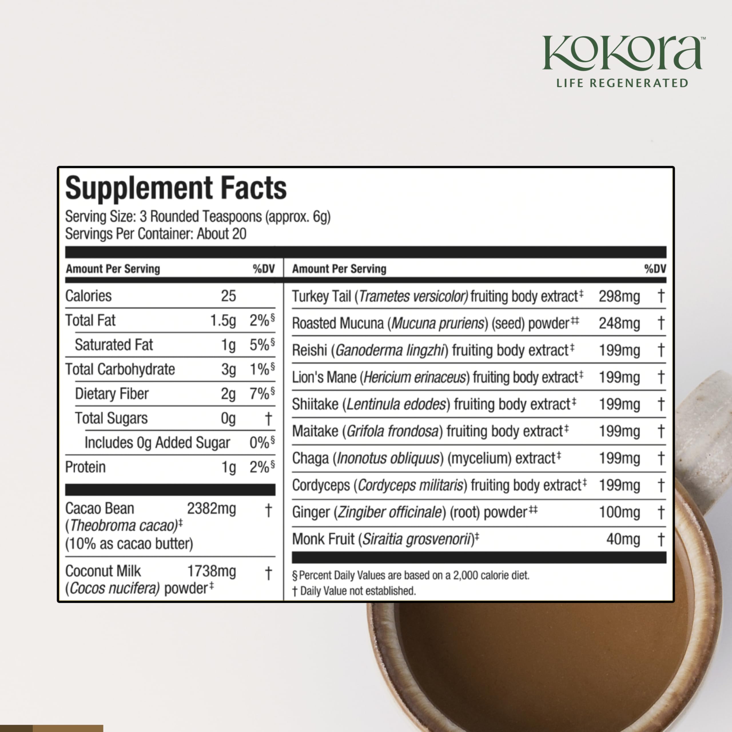 kokora 7 Mushroom Mocha supplement back view with nutritional information