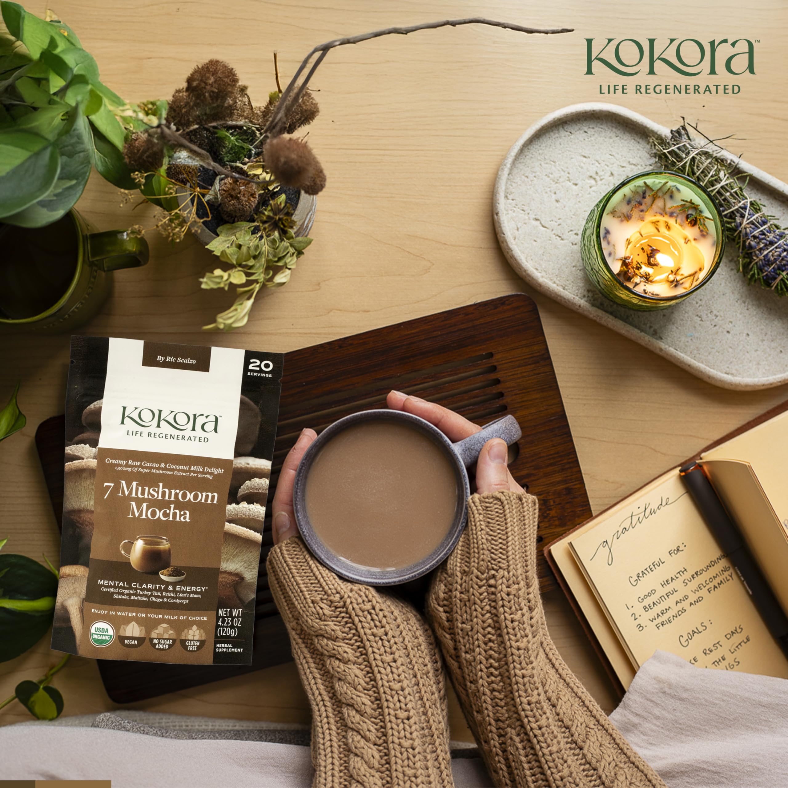 kokora 7 Mushroom Mocha supplement displayed on a kitchen counter