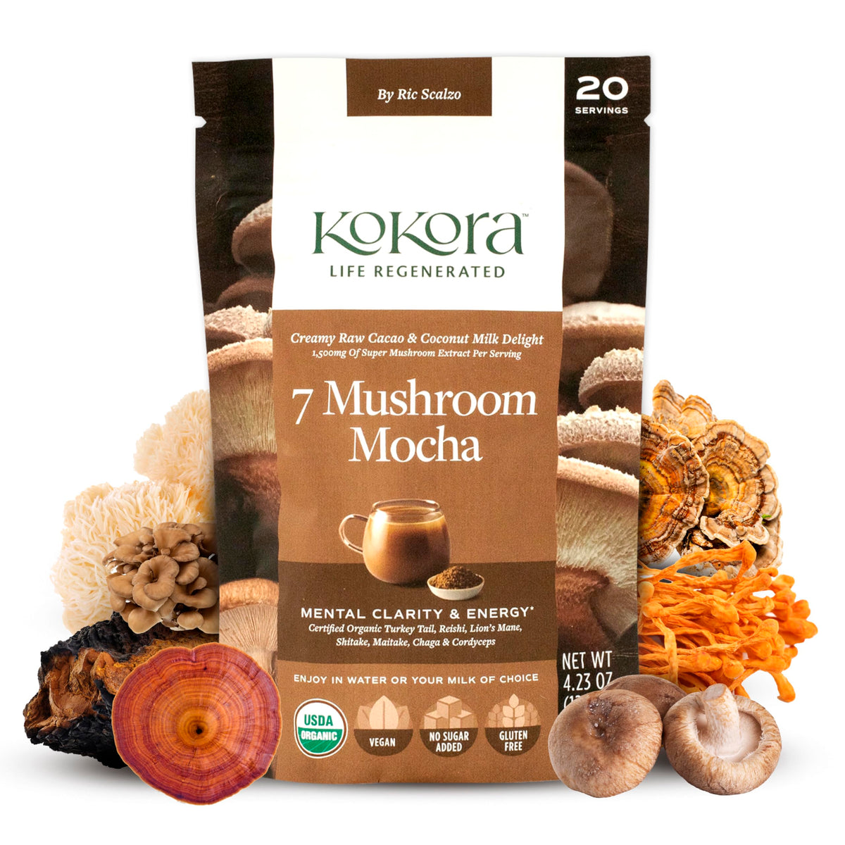 kokora 7 Mushroom Mocha supplement front view with packaging