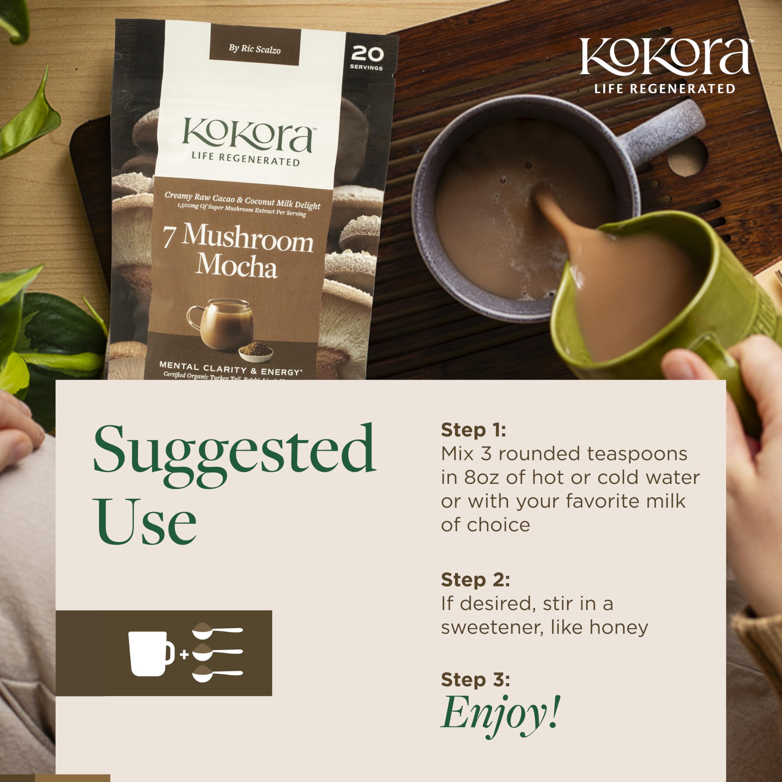 kokora 7 Mushroom Mocha supplement in a lifestyle setting with coffee