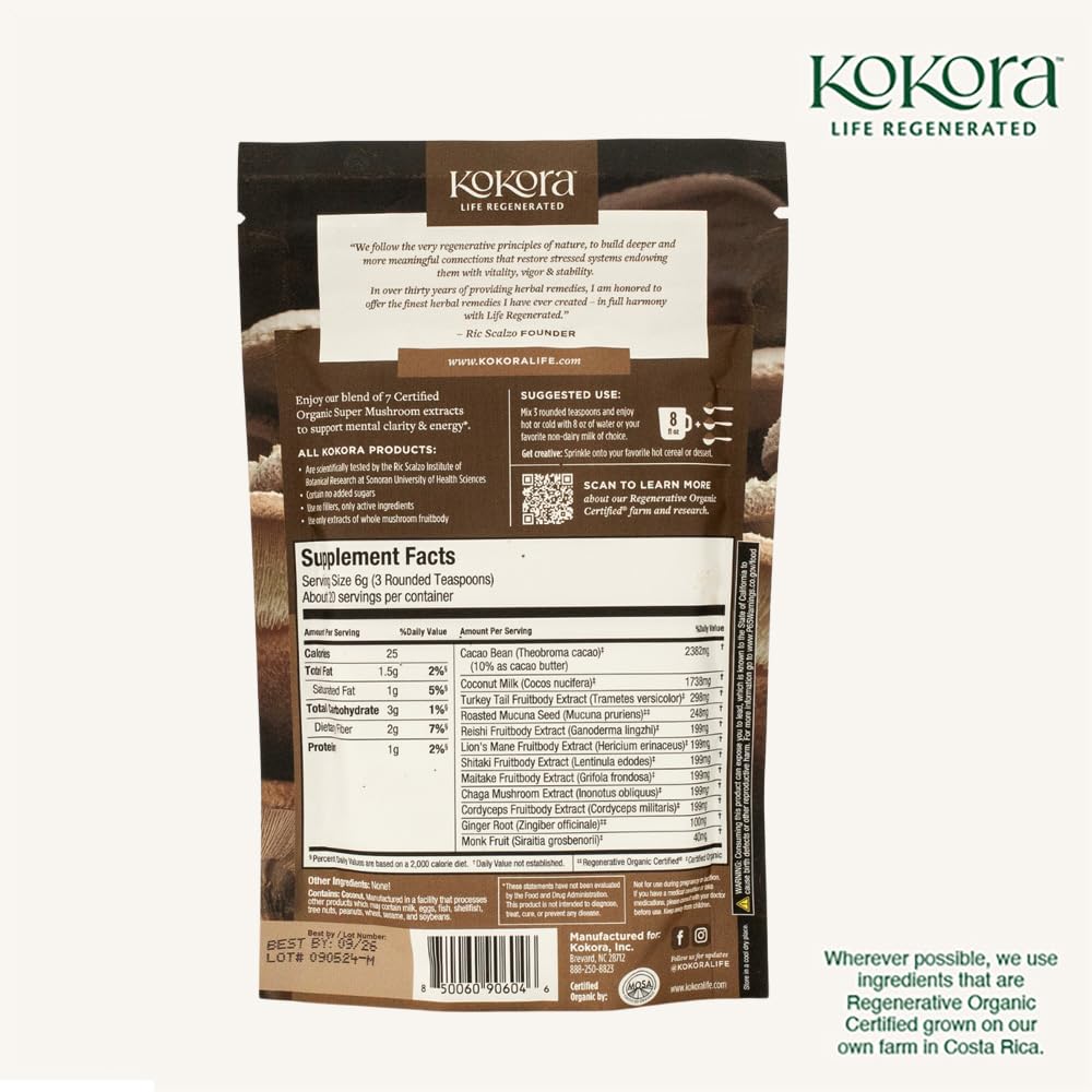 kokora 7 Mushroom Mocha supplement with a cup of coffee