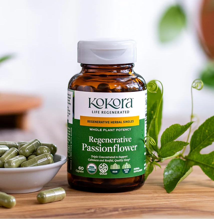 kokora Passionflower capsules on a wooden table