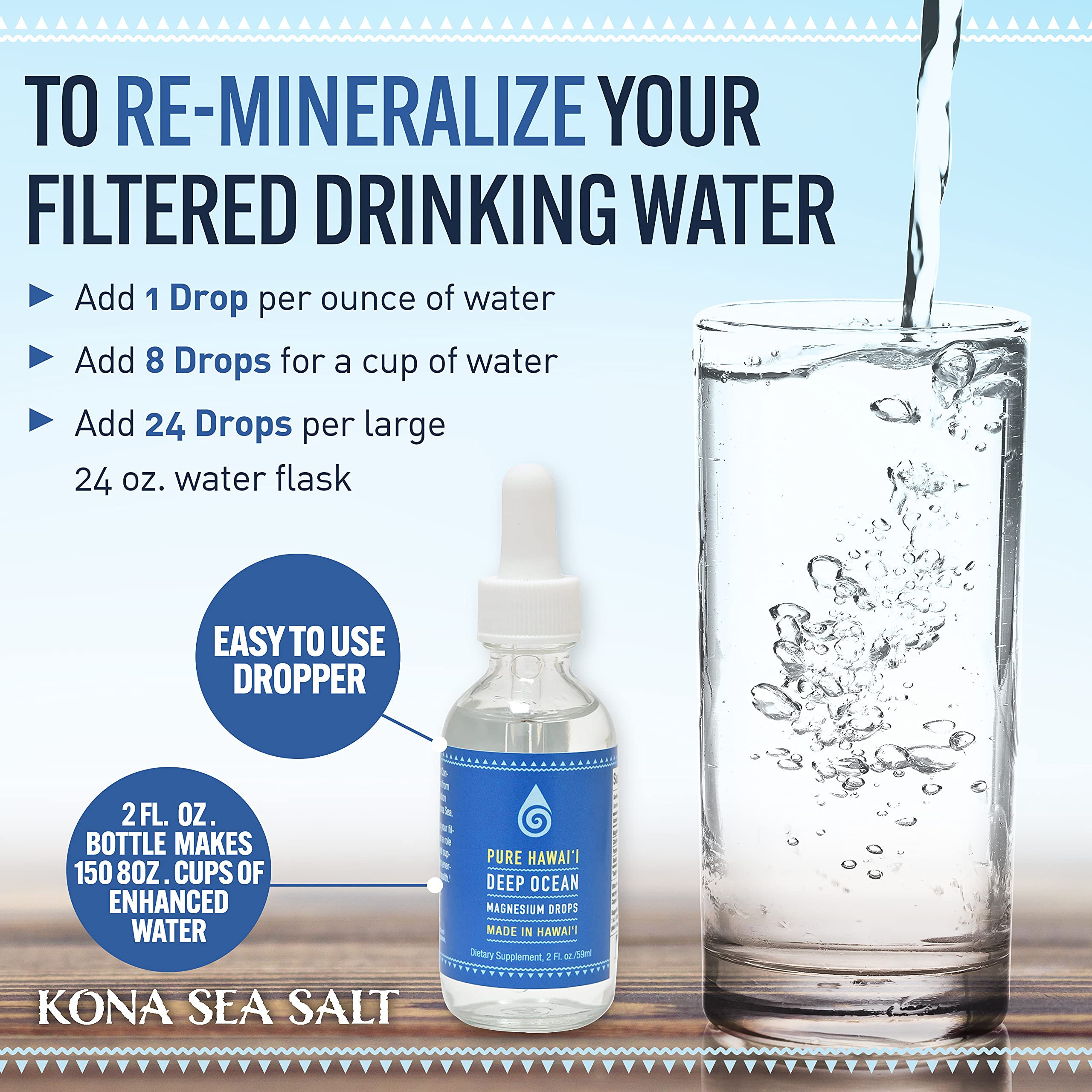Kona Sea Salt Mineral Drops lifestyle image with water