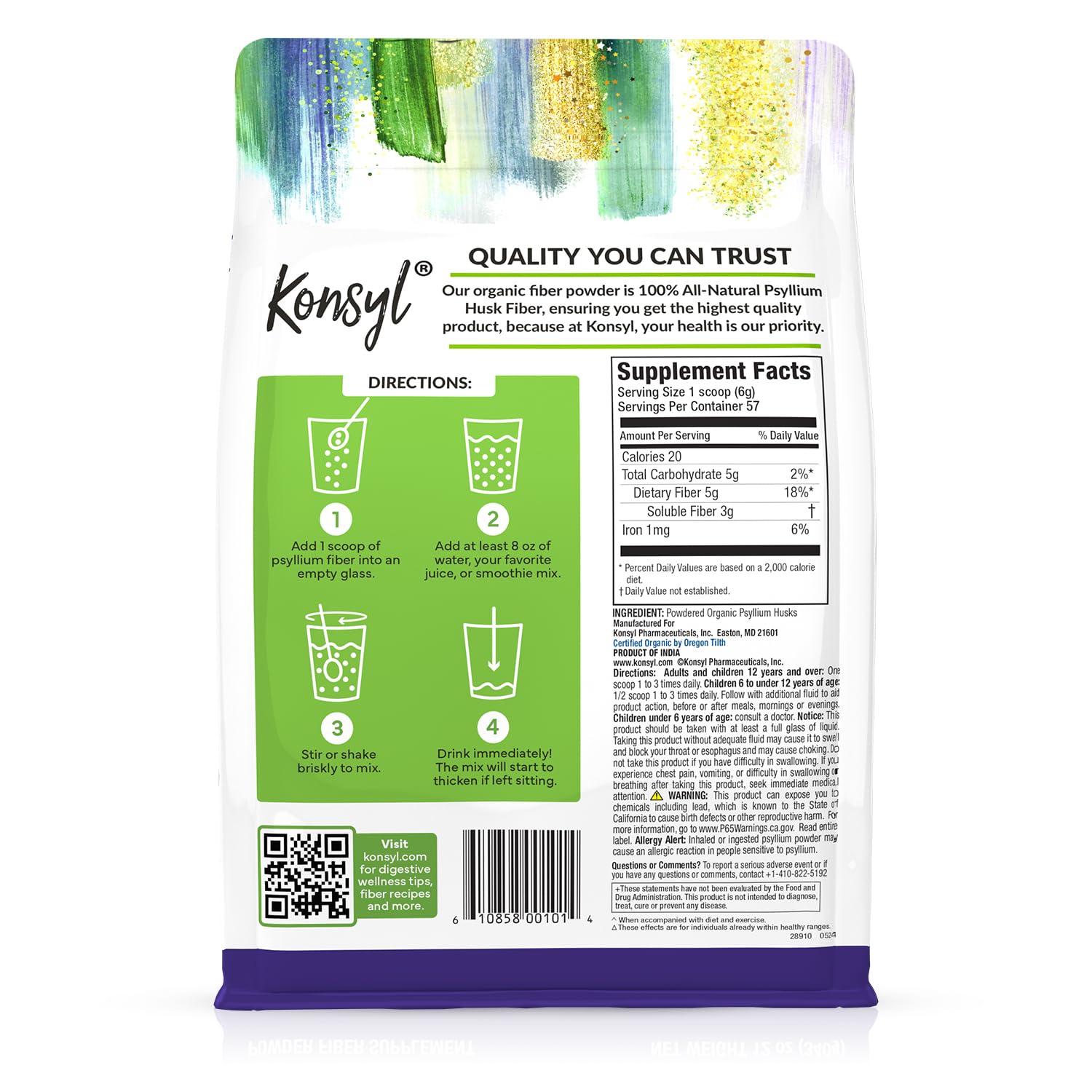 Konsyl Psyllium Husk Powder 340g displayed with kitchen utensils