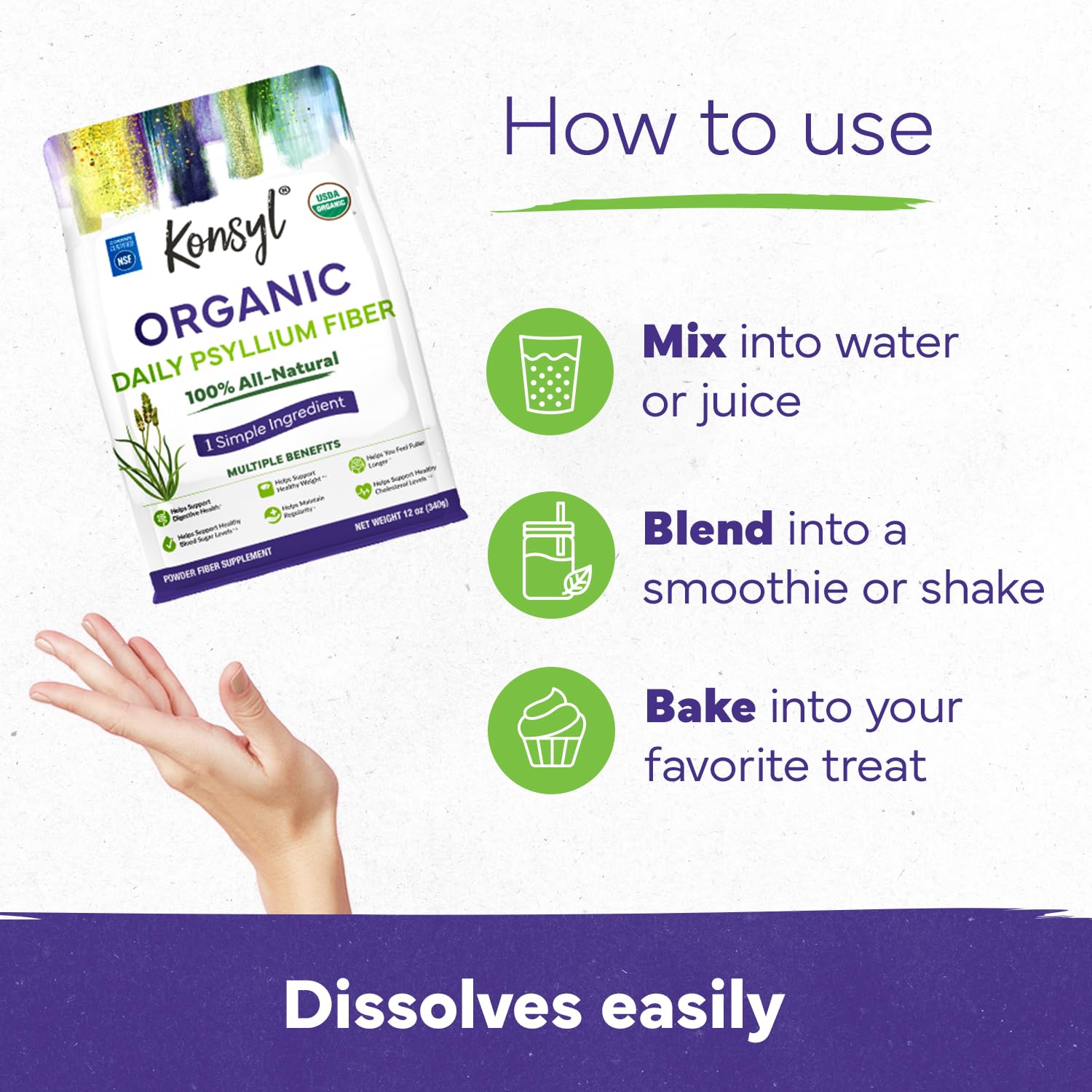 Konsyl Psyllium Husk Powder 340g mixed in a smoothie