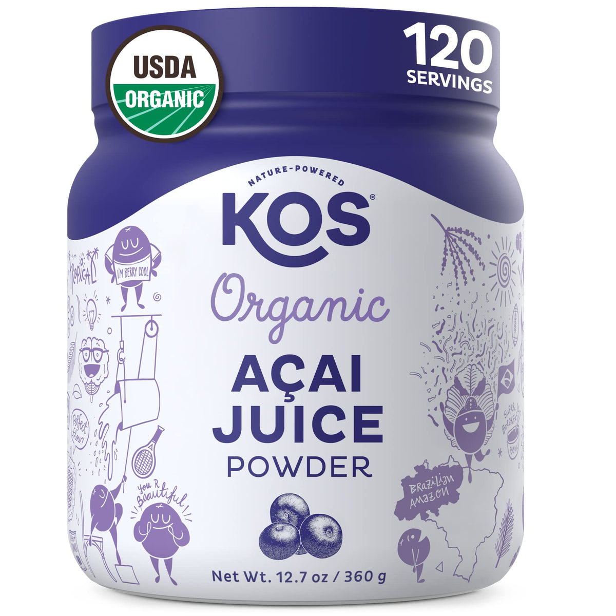 KOS Organic Acai Juice Powder 360g front view