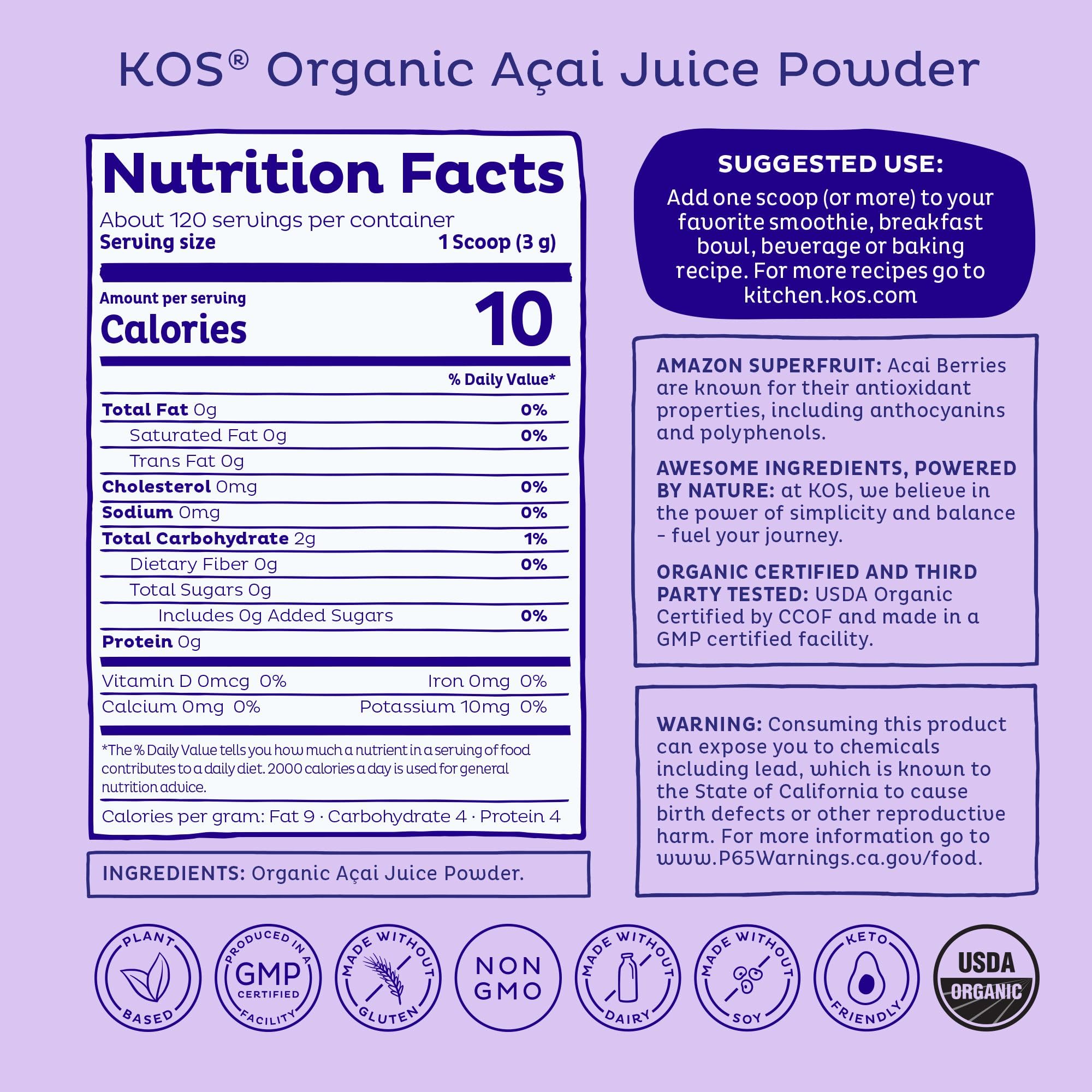 KOS Organic Acai Juice Powder packaging with nutritional information