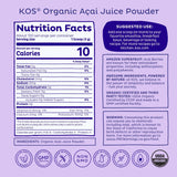 KOS Organic Acai Juice Powder packaging with nutritional information
