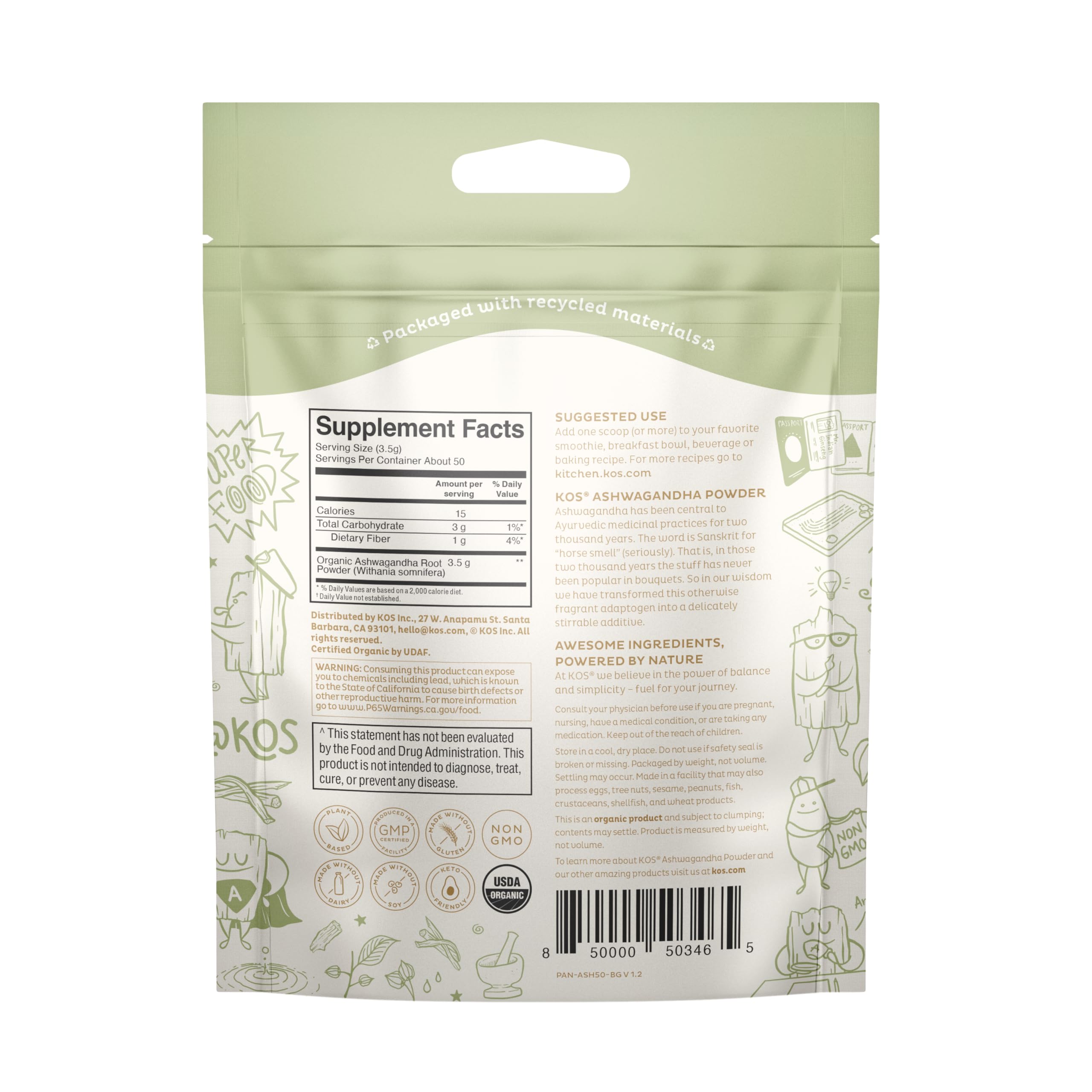 KOS Organic Ashwagandha Root Powder side view showing ingredients