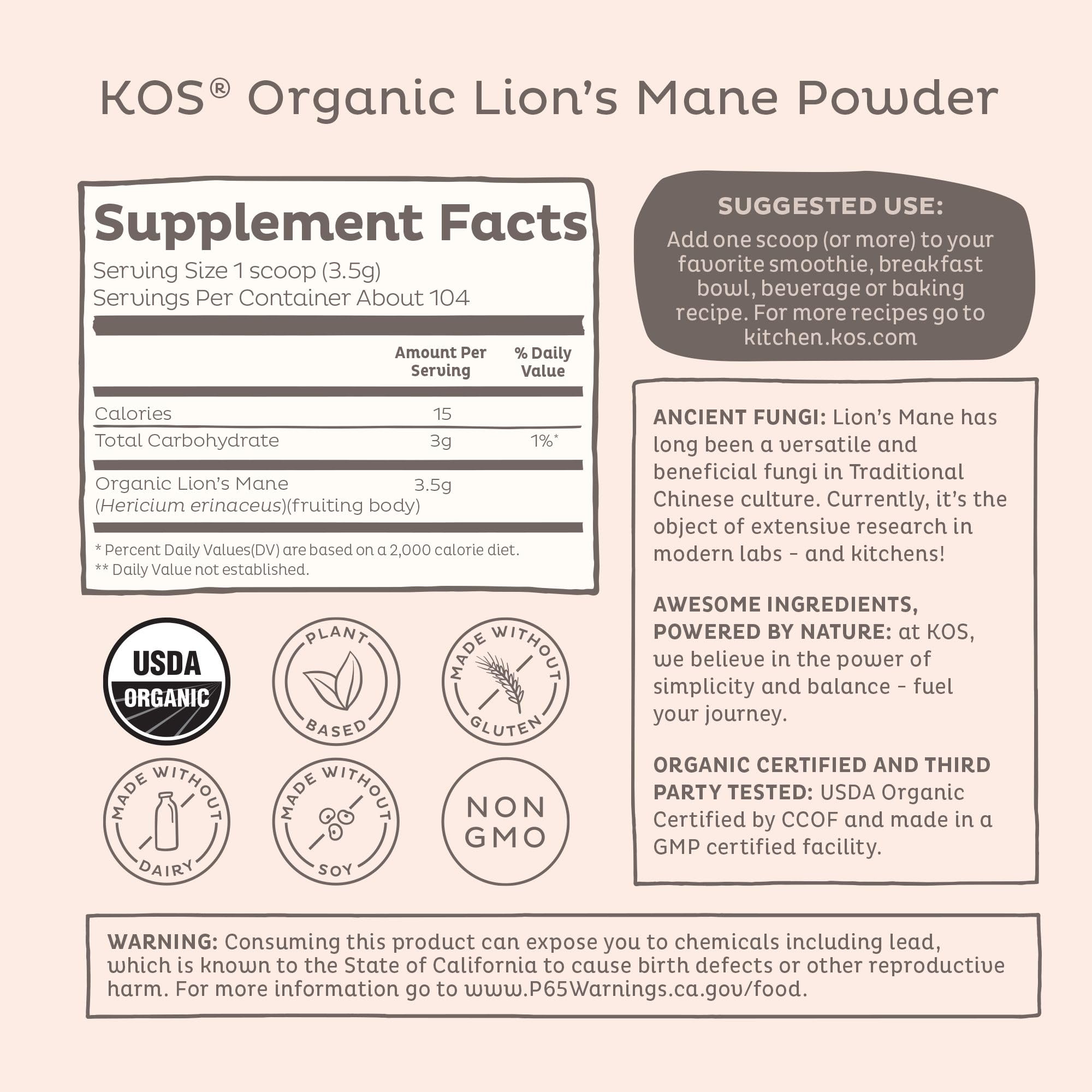 KOS Organic Lion's Mane Powder back view with nutritional information