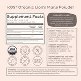 KOS Organic Lion's Mane Powder back view with nutritional information