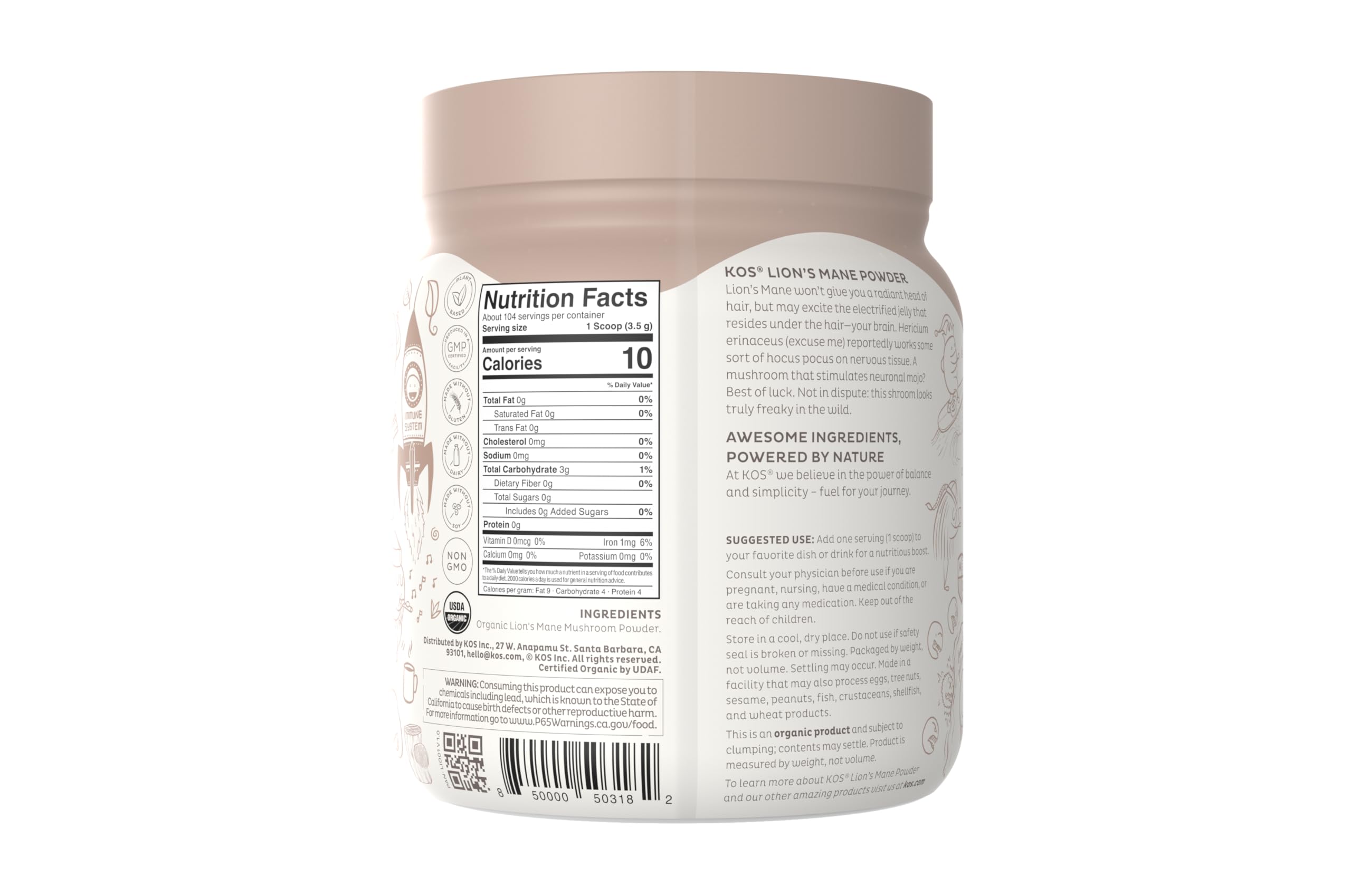 KOS Organic Lion's Mane Powder container on a kitchen counter
