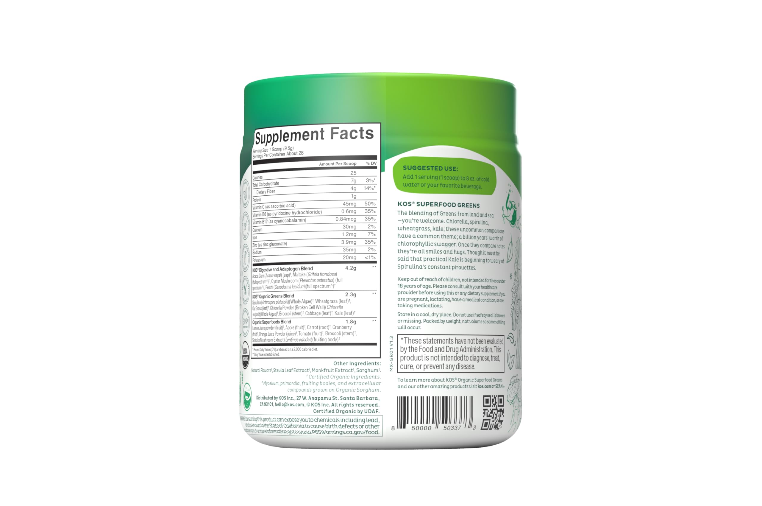 KOS Spirulina Green Superfood Powder 340g being poured into a smoothie